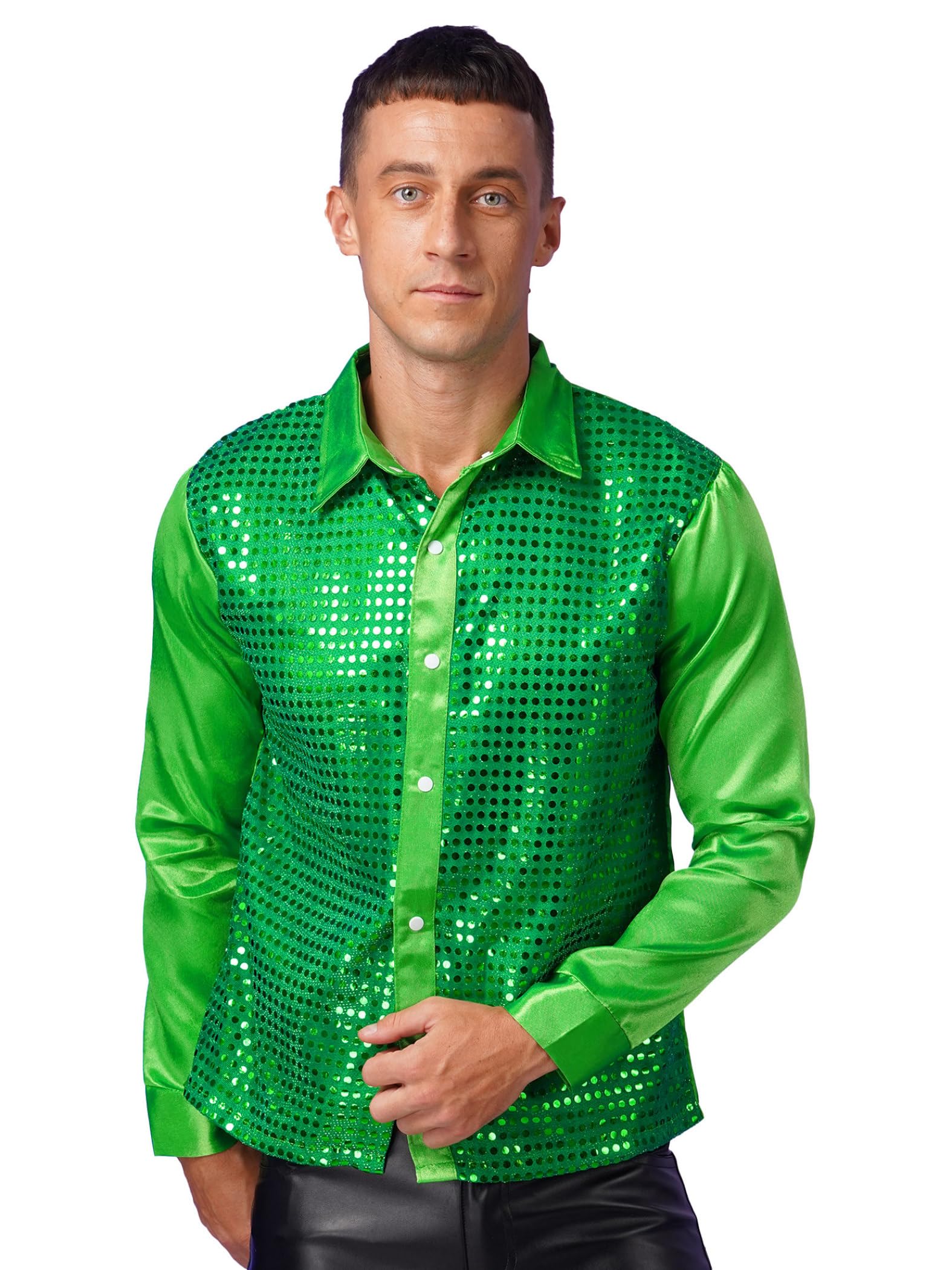 Camisa De Hombre Brillante Manga Larga Disfraz De Halloween Carnaval Traje Vintage Blusa Superior Años Disco Top De Baile