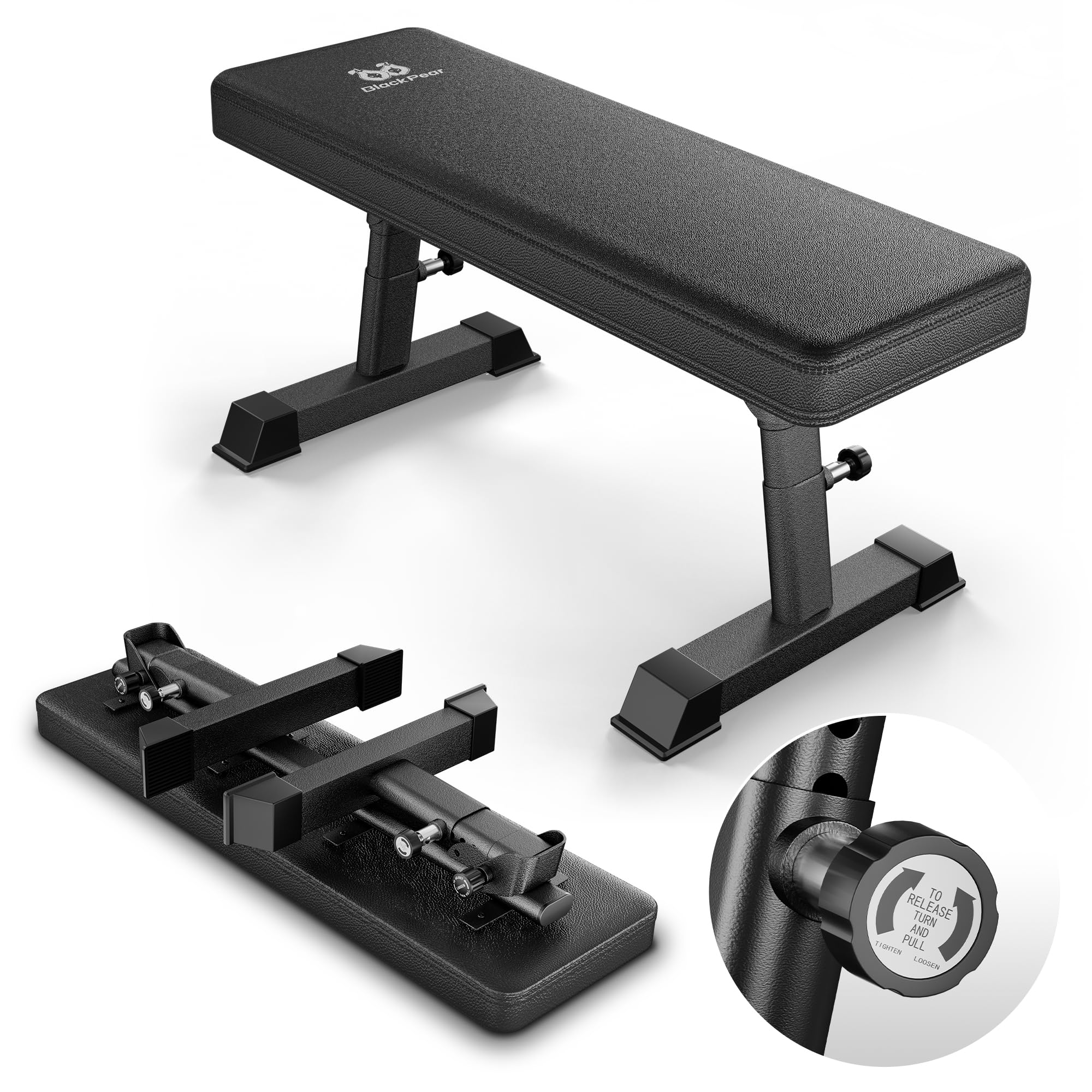 Weight Bench, Foldable Flat Bench with Gym Quality 1300 LBS Capacity | 5-level height, 2.5" thick cushion, sturdy T-Legs, compact storage flat bench for weight training and ab exercises, black