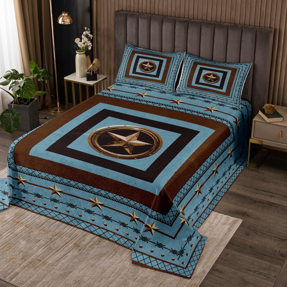 jejeloiu Western Cowboy Coverlet Set Queen Size Boho Star Print Bedspread for Kids Boys Girls Teens Blue and Brown Bedding Set Vintage Retro Bed Cover 3Pcs