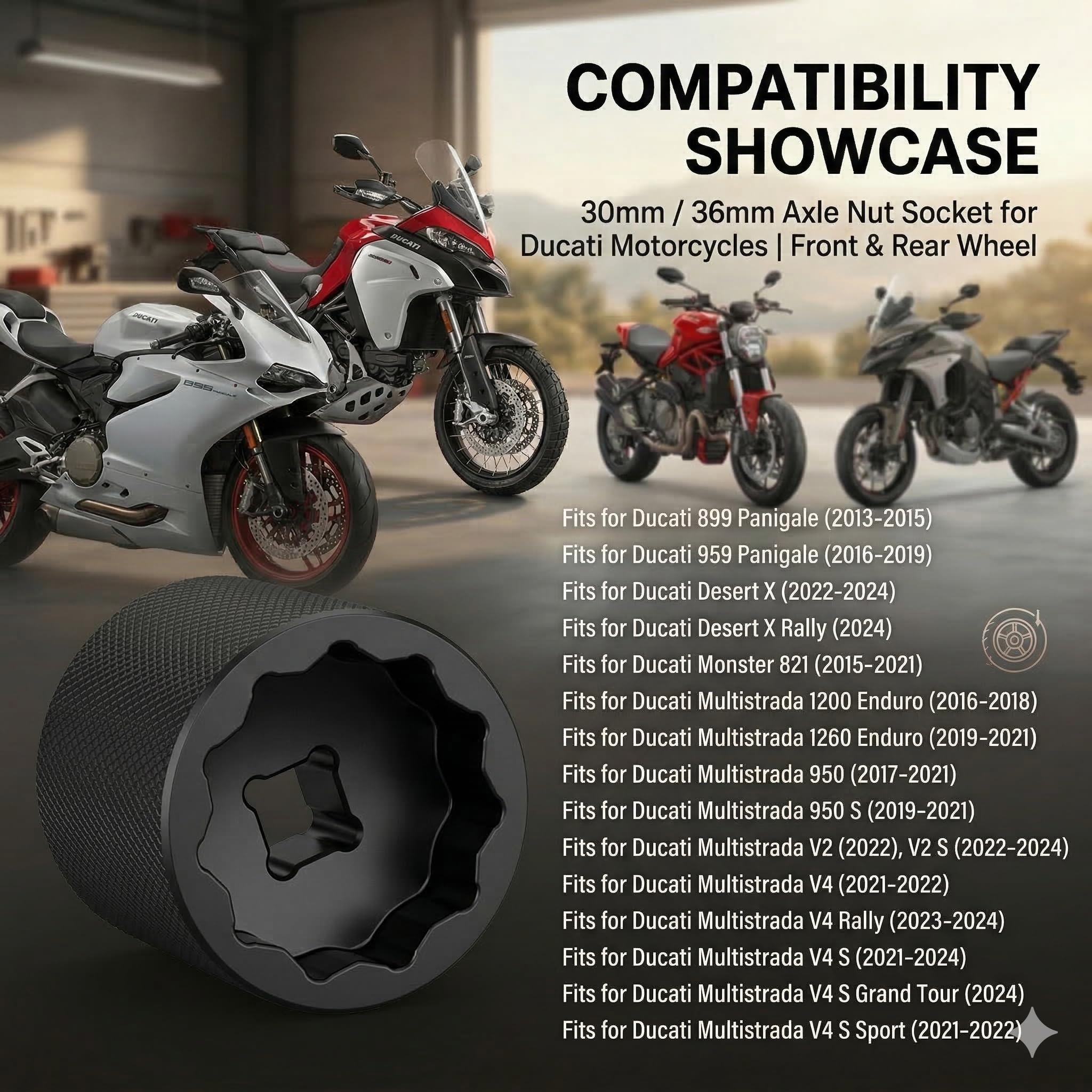 Llave de Vaso Rueda Delantera y Trasera 30mm/36mm, Herramienta de Tuerca de Eje para Ducati | Compatible con Multistrada 950/V4/1200 Enduro/1260 Enduro, Monster 821, Panigale 899/959, Desert X