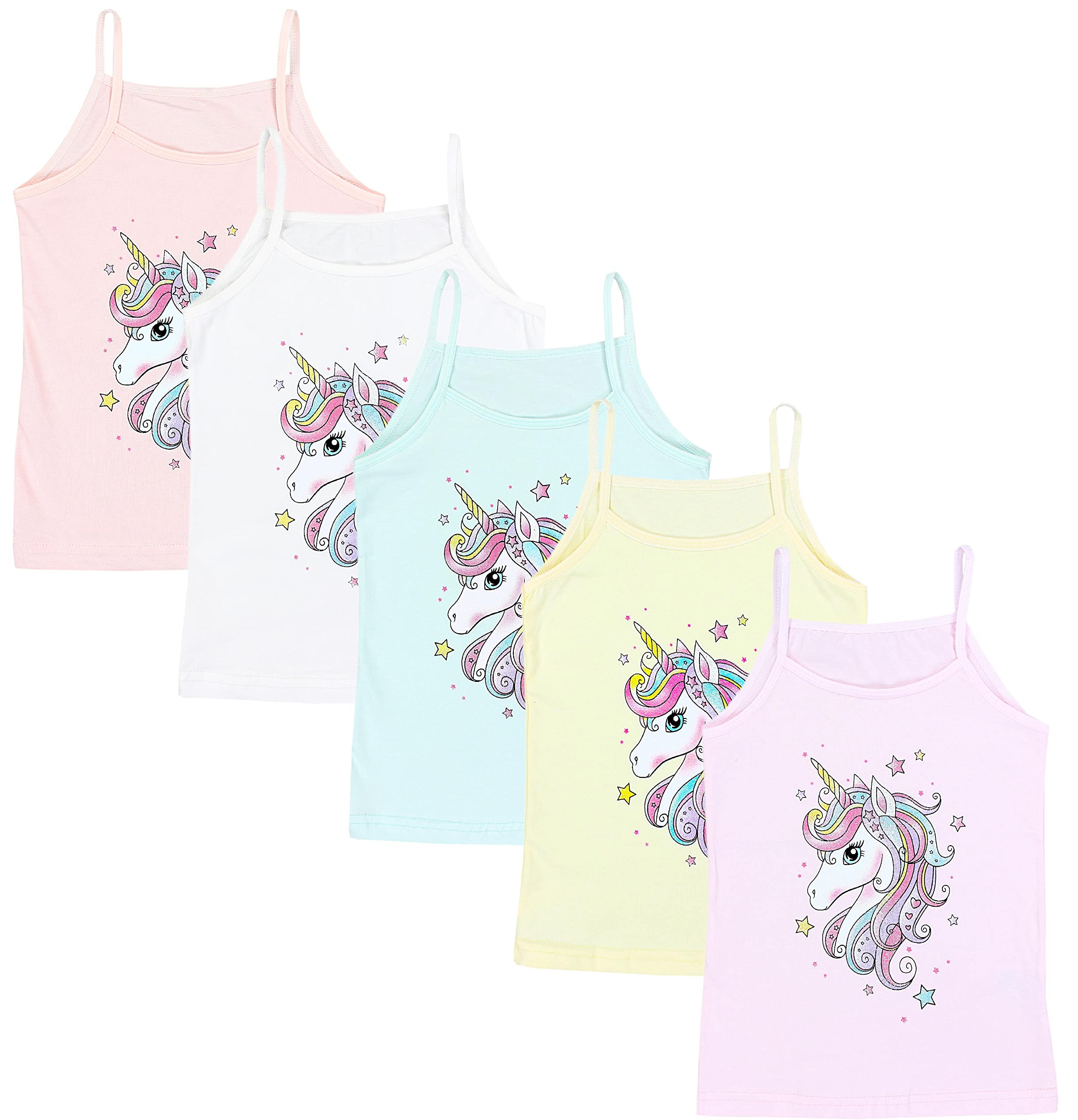 TupTam Girls Underwear Vests with Thin Straps Pack of 5, Unicorn Pink Green Yellow, 134-140