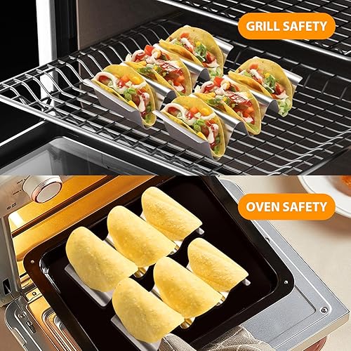 Miniatura 5 de Juego de 6 soportes para tacos de acero inoxidable, para horno y lavavajillas y parrilla, cada soporte de metal para 3 tacos, elegante estante para