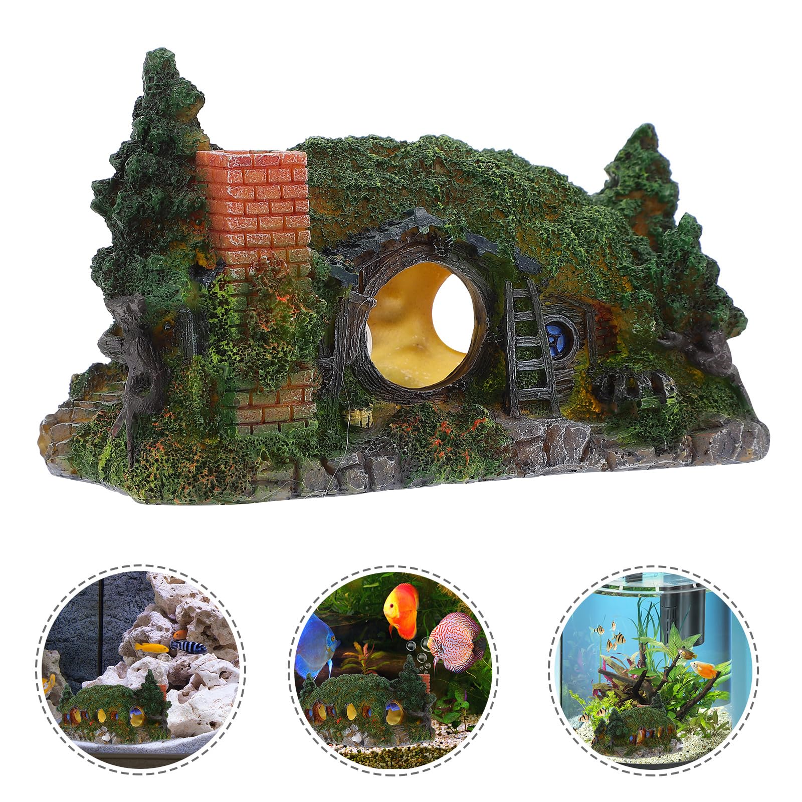 Decorazione Paesaggistica per Acquari Hobbit Casa in Resina Piccola, Ornamento Grotta Castello per Serbatoio d'Acqua, Sicura per Pesci e Adatta a Scenari Acquario