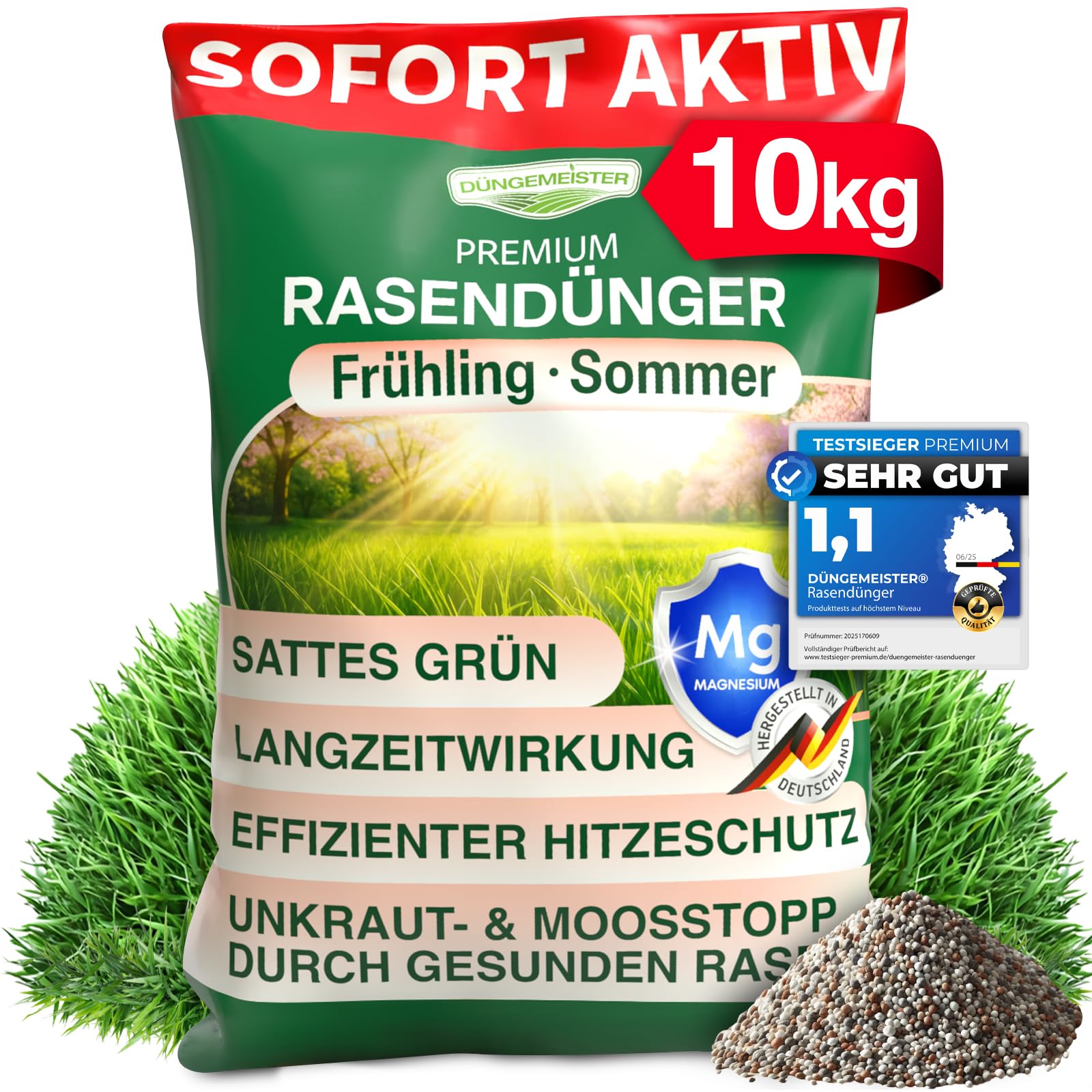DÜNGEMEISTER Rasendünger für Ihren sattgrünsten Traumrasen - gesunder, dichter und sattgrüner Rasen sofort mit revolutionärer KI Formel - Langzeit NPK/Organisch Frühjahr/Sommer (10 kg)