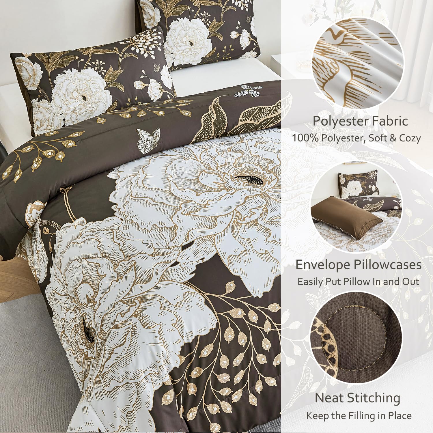 PERFEMET Brown Floral Comforter Set King Size, 3 Pieces Botanical