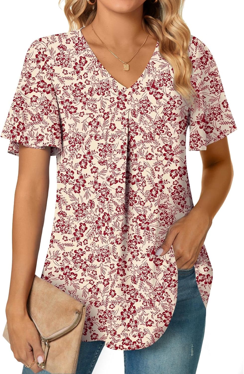 Anyally Women's Summer Dressy Chiffon Blouses V Neck Ruffle Short Sleeve Tunic Tops for Leggings Casual T-Shirts - Image 2