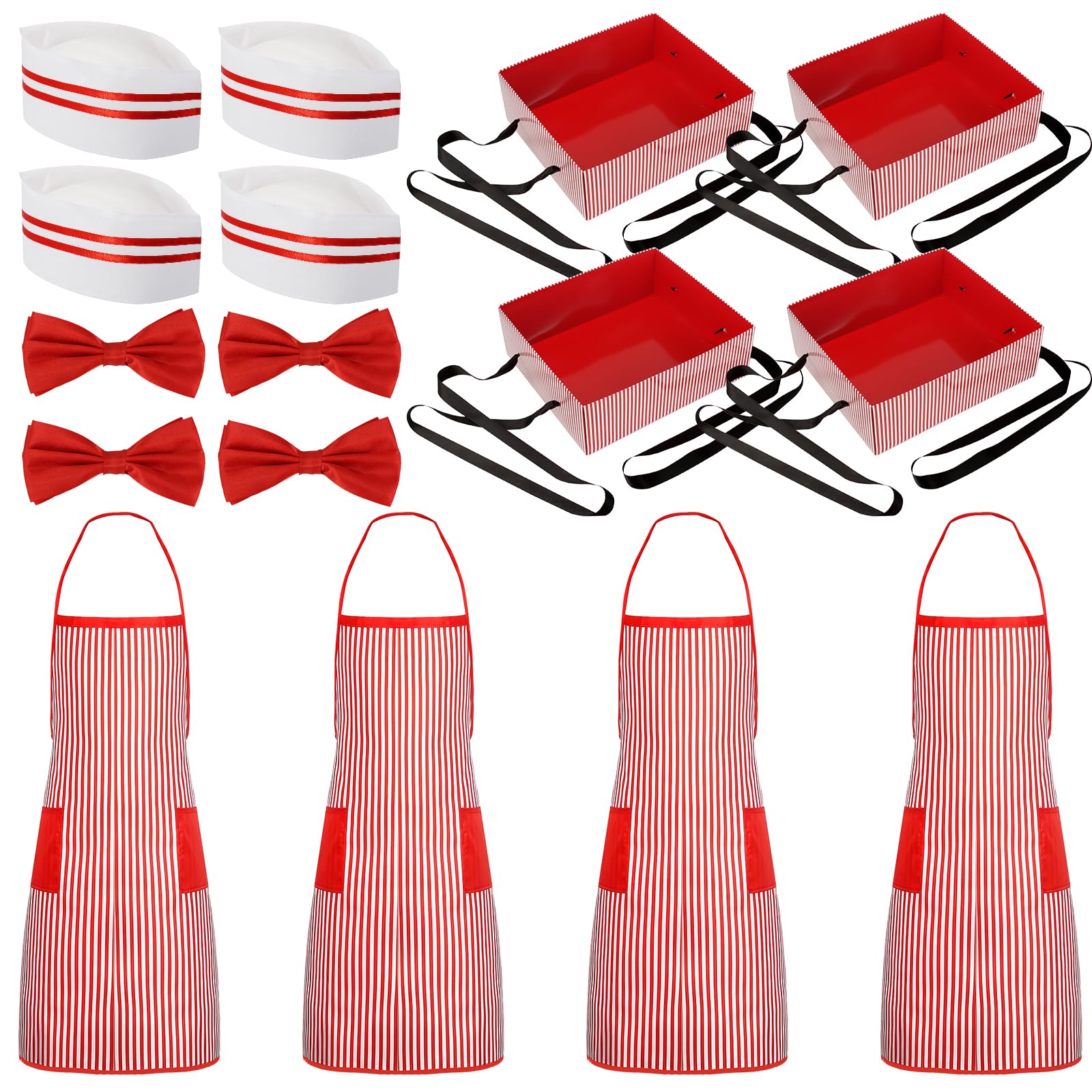 OGMBI 16 Pcs Waiter Costume Set for Adults, 1950s Soda Jerk Cosplay Outfit Includes Apron, Chef Hat, Bow Tie, Tray, Red and White Striped Apron Kit for Carnival Halloween Circus Party Movie Nights