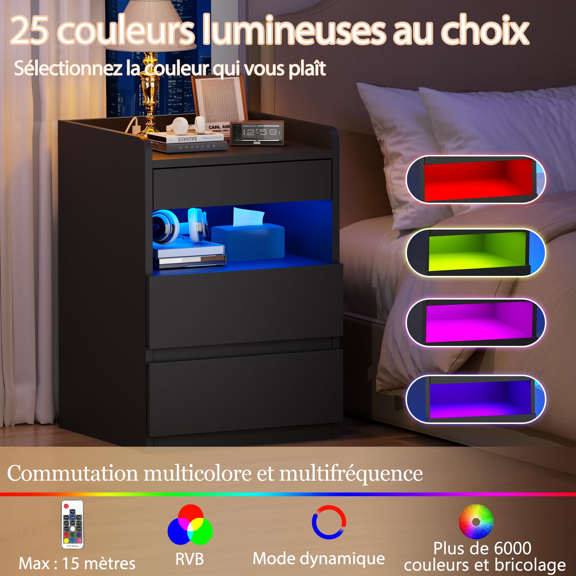 BEWISHOME Table de Chevet Lot de 2 avec,avec Compartiment caché,Moderne et Polyvalente Table de Nuit,avec Fonction de Charge,pour Salon,Chambre,Bureau,Noir EFCG02B