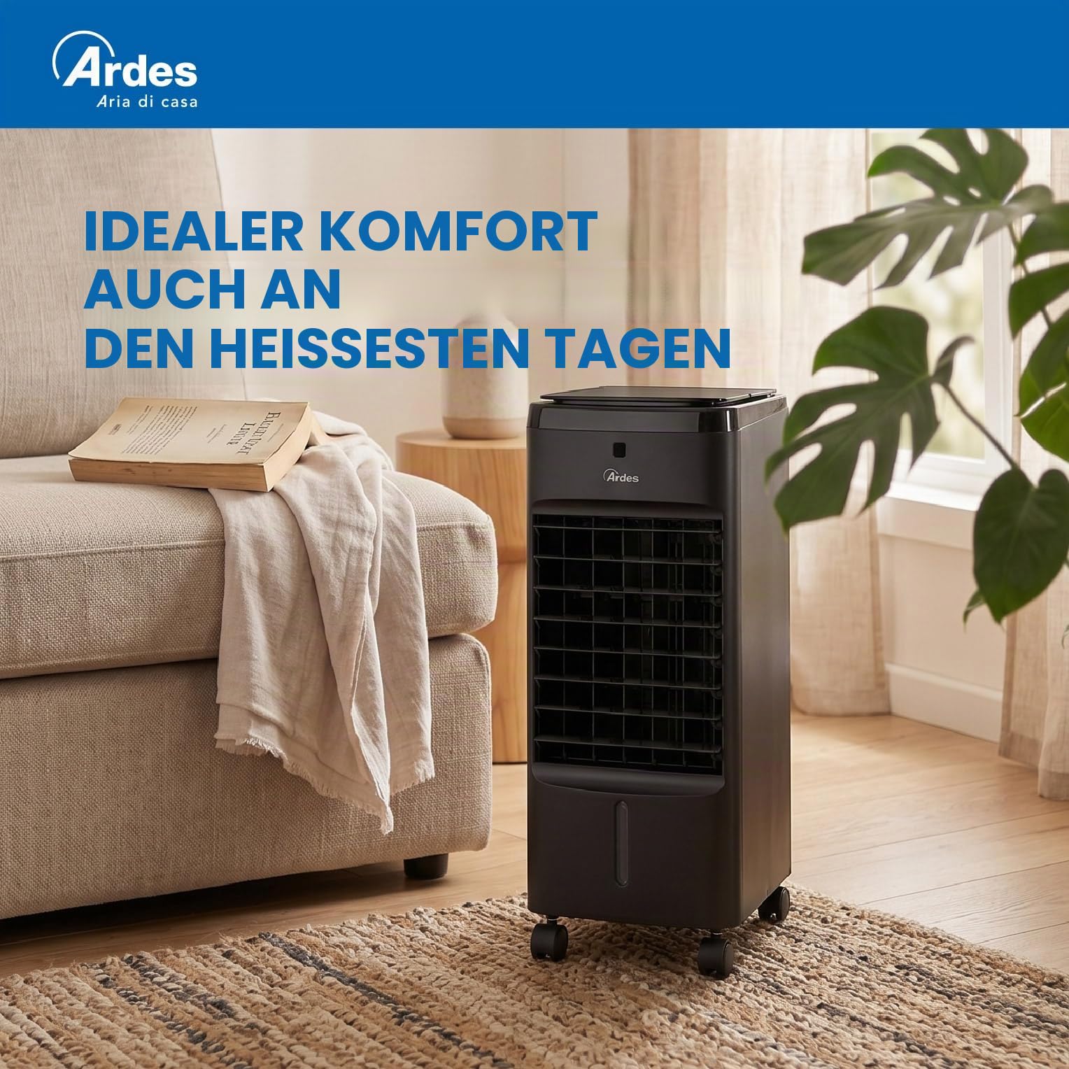 Ardes Penny Q-BLACK Verdunstungskühler 60W mit Automatischer Oszillation, 3 Geschwindigkeiten, Timer 7,5 h, mando, Digitales LED-Panel, Touch-Bedienung, 4 L Tank und Rollen