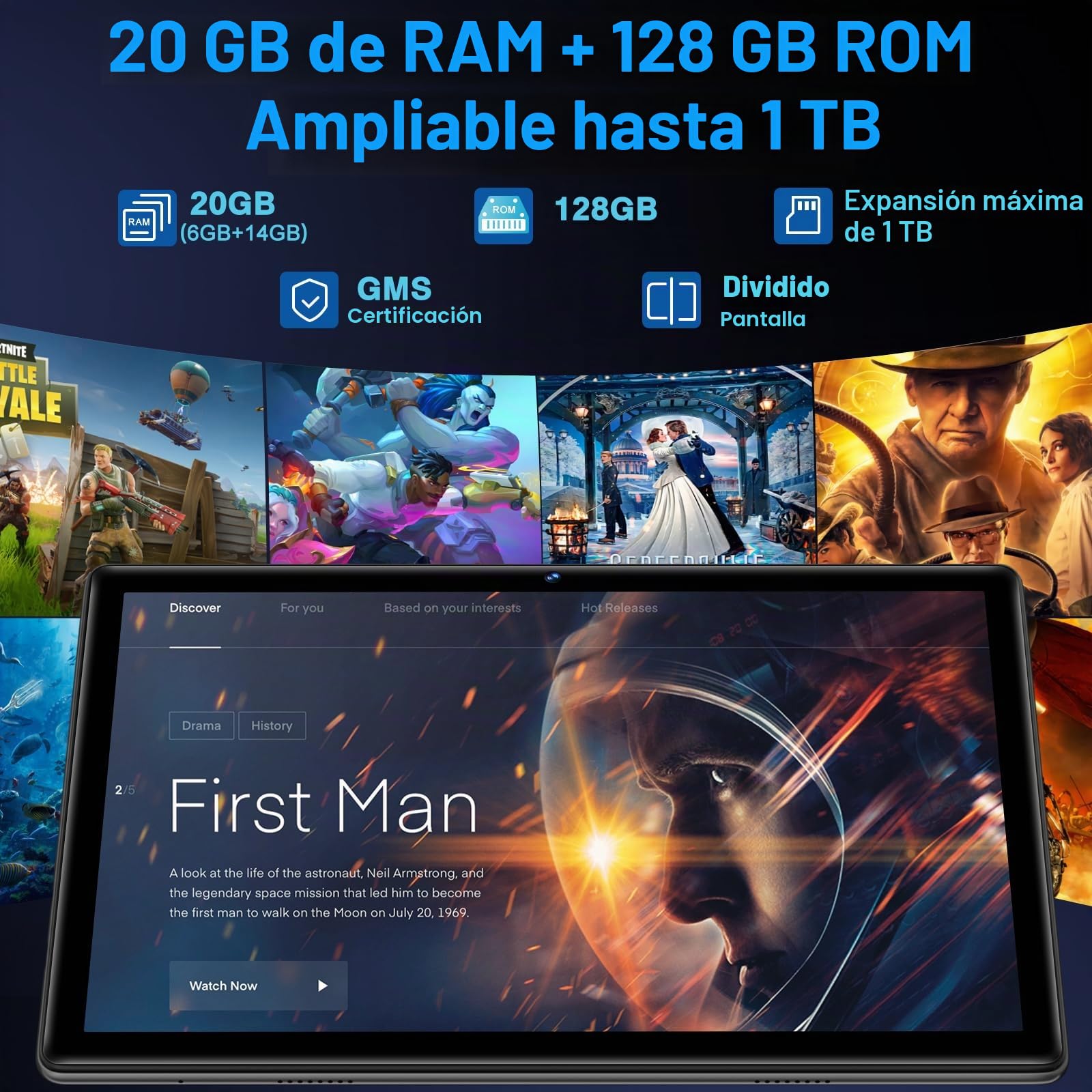 Tablet Android Tablet 10 Pulgadas, 20GB RAM+128GB ROM/TF 1TB, Octa-Core 2.0 GHz, WiFi 6, Bluetooth 5.0, Batería 6000mAh, 5MP+8MP, Widevine L1, GMS, GPS, Tablet con Funda, Ratón & Teclado - Negro