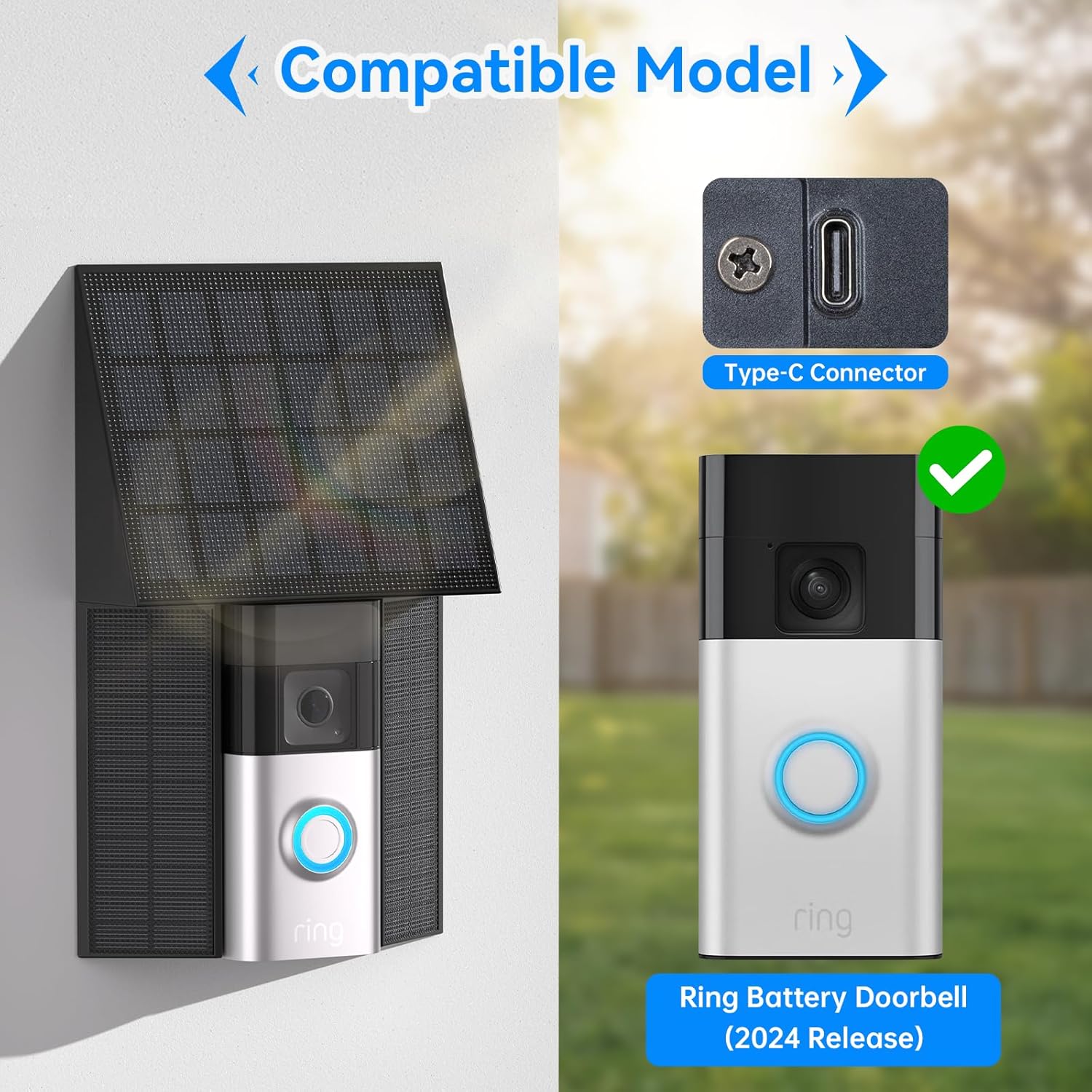 4W Solar Charger Compatible with Ring Battery Doorbell (USB-C Port) Waterproof Continuously Ring doorbell Solar Panel-Black 1 Pack