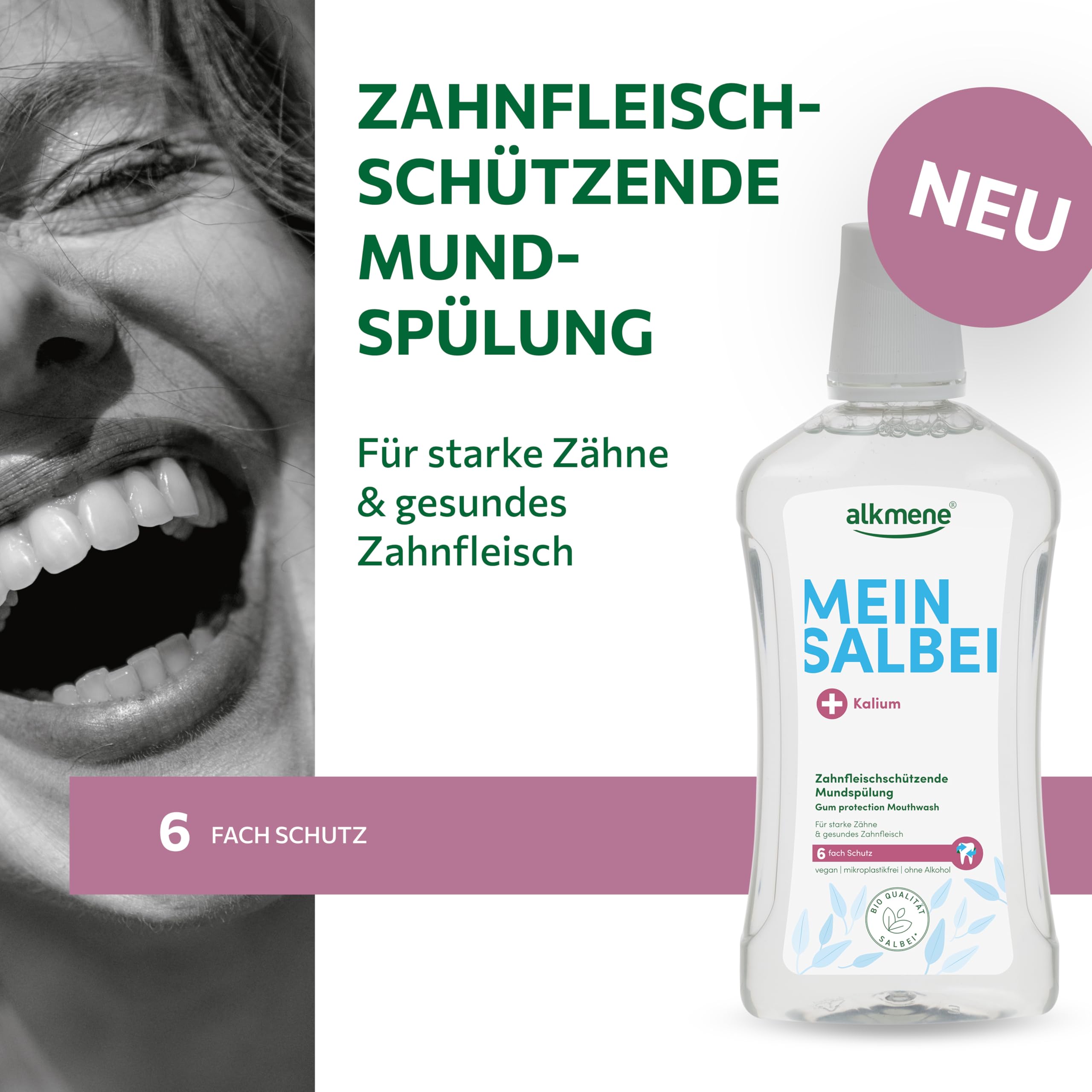 alkmene Zahnfleischschützende Mundspülung ohne Alkohol 500 ml 8er Pack | Mundwasser mit Salbei & Kalium - Vegane Mundspülung antibakteriell mit 6-fach Schutz - Mouthwash