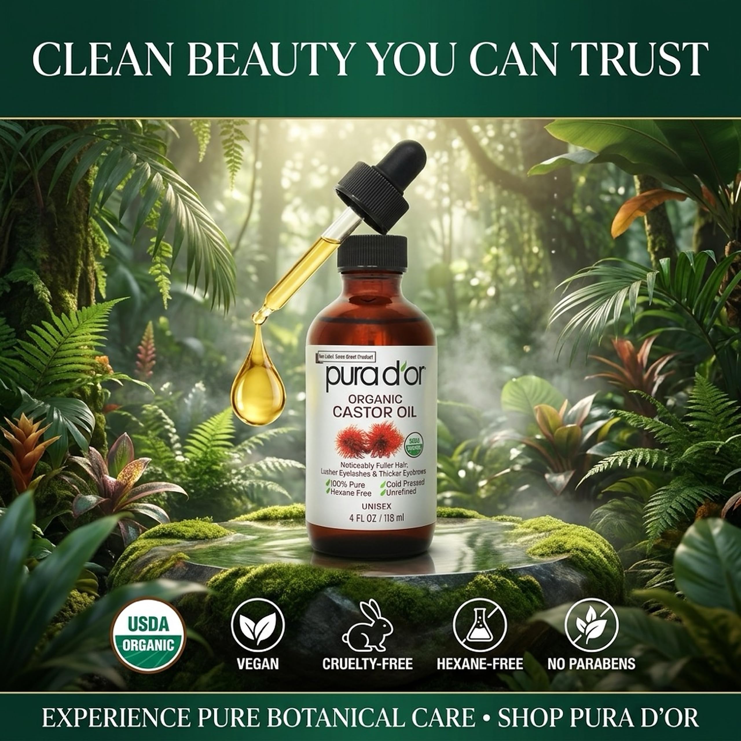 Pura D'Or Olej rycynowy (118 ml) 100% czysty naturalny olej do wzrostu włosów,darmowe heksan tłoczony na zimno olej rzęsy nawilżają i leczą suchą skórę