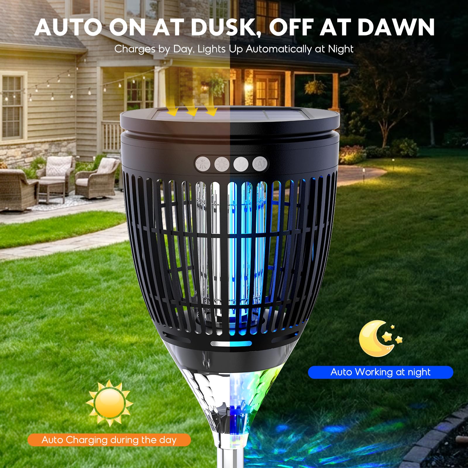Anysun Antimosquitos Exterior Solar, Lámpara Mata Mosquitos 4200V con Luz de Llama y Proyector Nebulosa, Batería Recargable 3000mAh, USB, IPX5, Sensor Inteligente, para Terraza, Jardín (Negro)