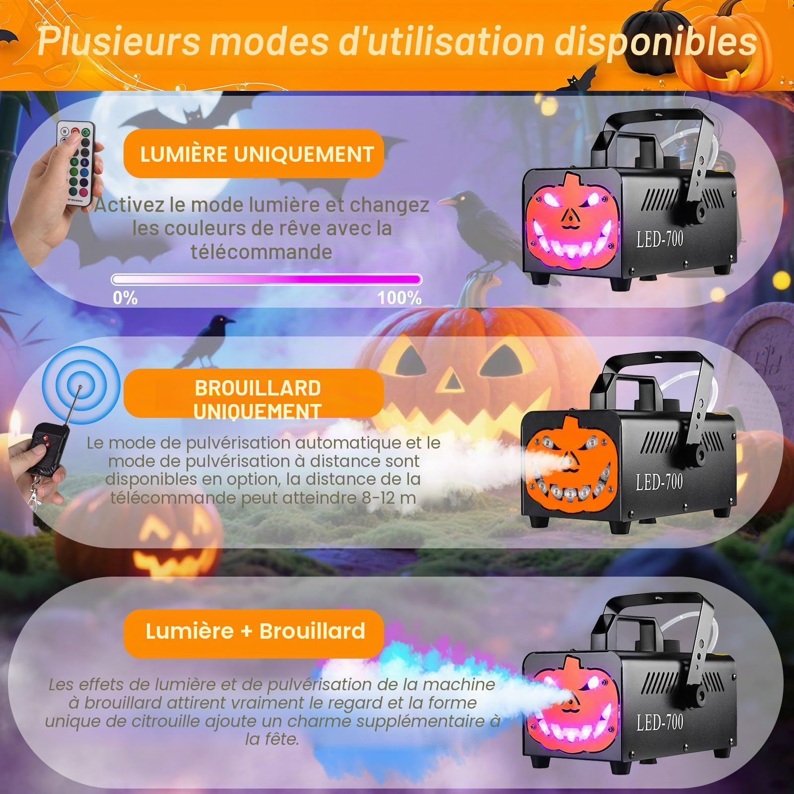 MAMIZO Machine à Fumée Halloween à Citrouille, avec 9 LED RGB et 13 Couleurs, 5000 CFM Fumée Halloween, Machine à Brouillard avec Fonction Auto-Spray, Portable, pour Halloween, Noël et Fêtes