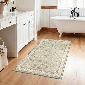GRANNY SAYS Boho Bathroom Rugs 26"x 18" Non-Slip, Quick Dry & Washable, Vintage Bath Rug, Distressed Farmhouse Plush Velvet Bath Mat, Absorbent for Shower Toilet Sink, Pet Friendly - Flower Green