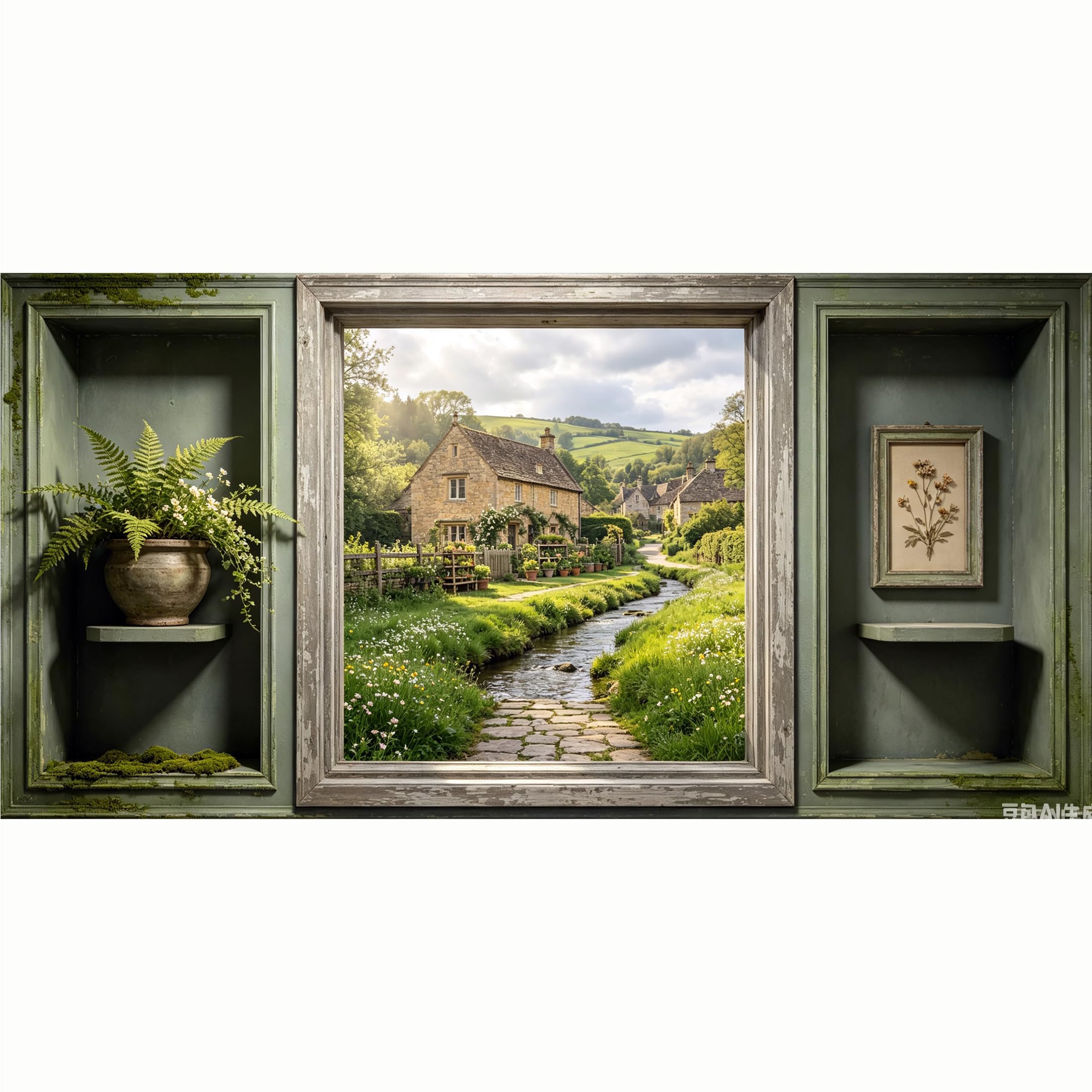 QZLITHOTIC 50x100cm 3D Framed Wall Art， Countryside Stream Landscape Farmhouse Mural， Water‑Activated Peel & Stick Fabric Decor Wall Decal for Bedroom Living Room
