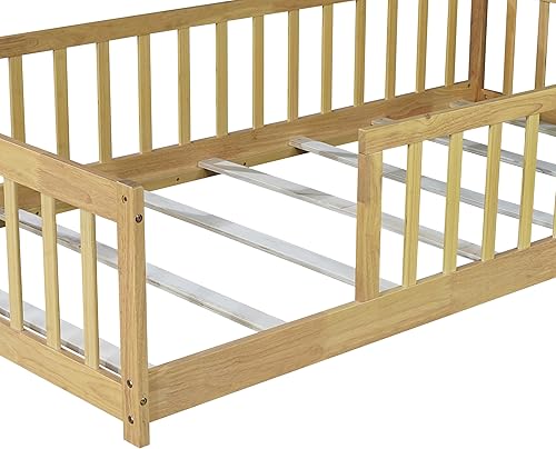 Miniatura 48 de Harper & Bright Designs Cama de suelo tamaño Queen con valla y puerta, marco de cama Montessori de madera para niños, niñas, listones incluidos, no
