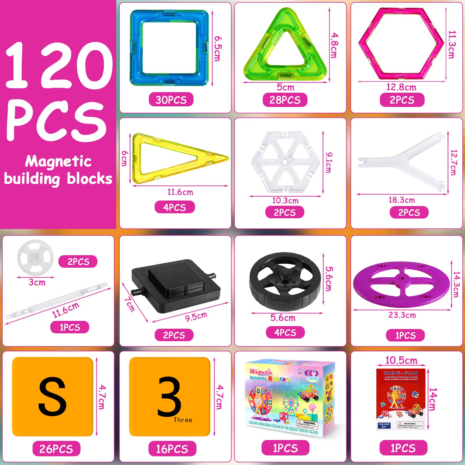 Purpledi 120 Pezzi Blocchi di Costruzione Magnetici Giochi Magnetici Costruzione Magnetica, Bambini Giocattoli Giochi di Costruzione Educativo Regalo di compleanno per 4 5 6 7 8 9 Anni