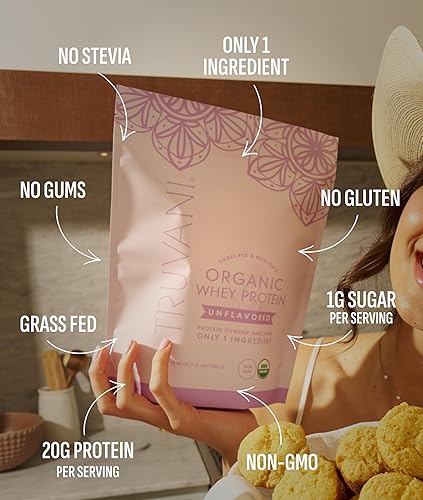 Miniatura 3 de Polvo de proteína de suero orgánico Truvani  Sin sabor  20g de proteína de suero alimentado con hierba  20 porciones  Orgánico USDA y sin OMG  Sin