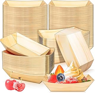 MotBach 200 Pack Wood Grain 1/2Lb Paper Food Boat Trays Disposable Small Paper Boats Plates Containers, 0.5Lb Mini Kraft Food Serving Tray Boat Basket Bowl for Snack Fries Dessert Popcorn Taco Nacho