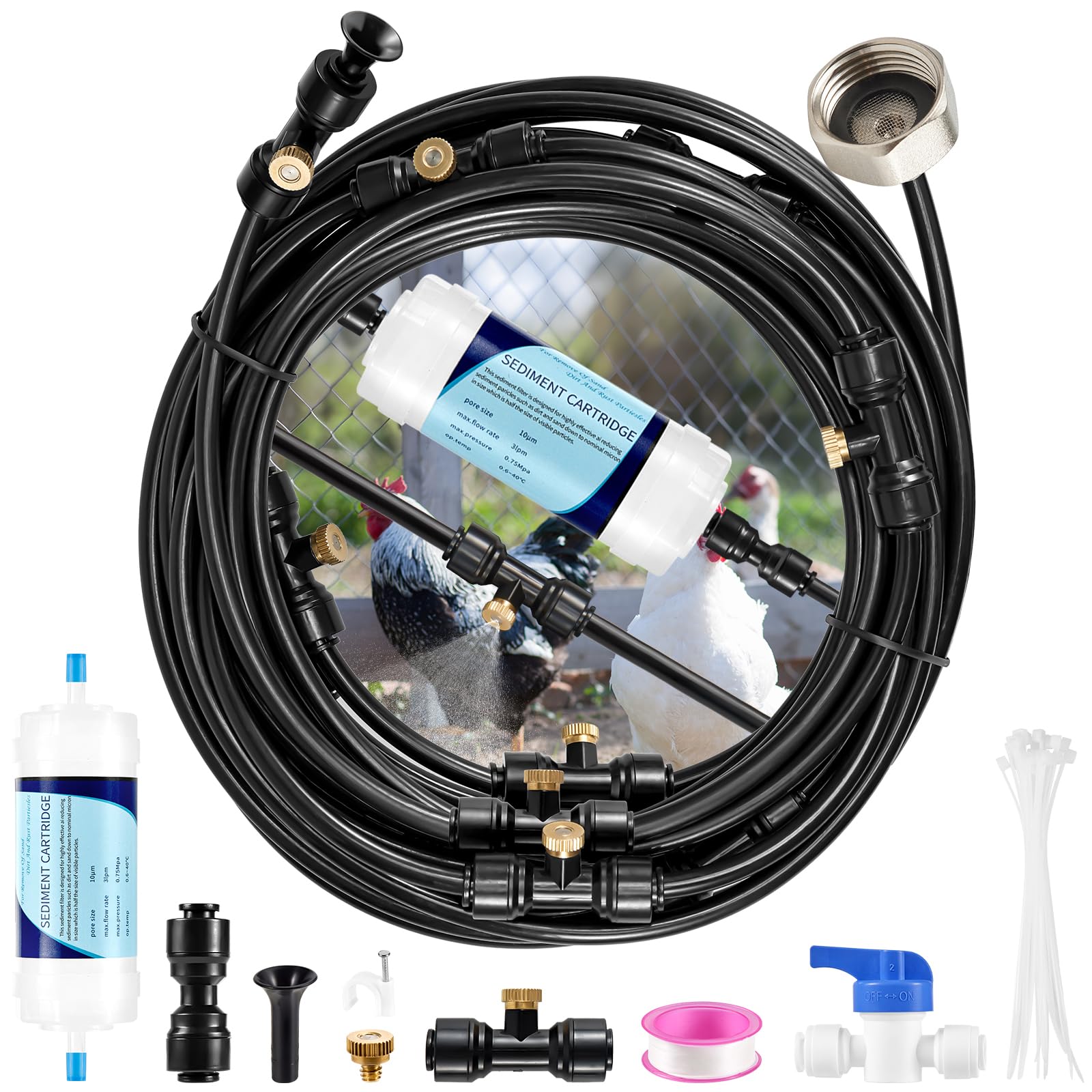 Chicken Coop Misting Cooling System with Water Filter,33ft Misting Line,10 Brass Mist Nozzles,3/4