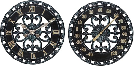 Lily's Home Hanging Verdigris Wall Clock and Dial Thermometer Set, Ideal for Indoor and Outdoor Use, Makes a Great Housewarming Gift, Black (13 Inches)