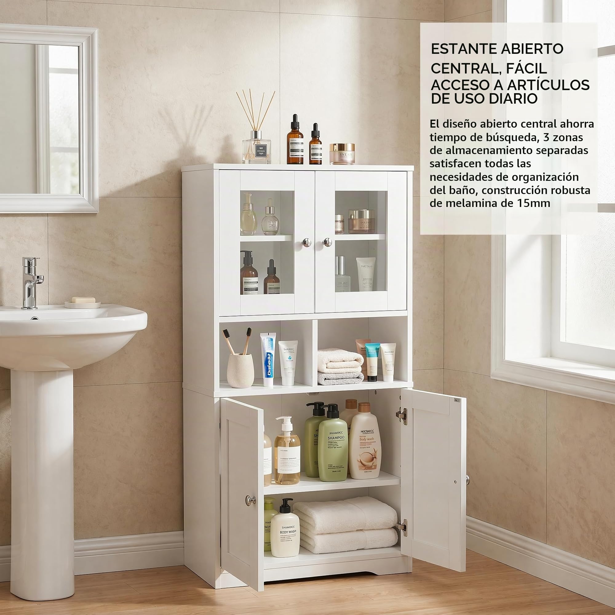 Armario Alto de Almacenamiento, Mueble de Baño, Baldas Ajustables, Panel de Partículas Melamínico Doble Cara de 15mm, Mueble Multiusos para Baño, Pasillo y Lavandería(Blanco, 60x30x128cm)