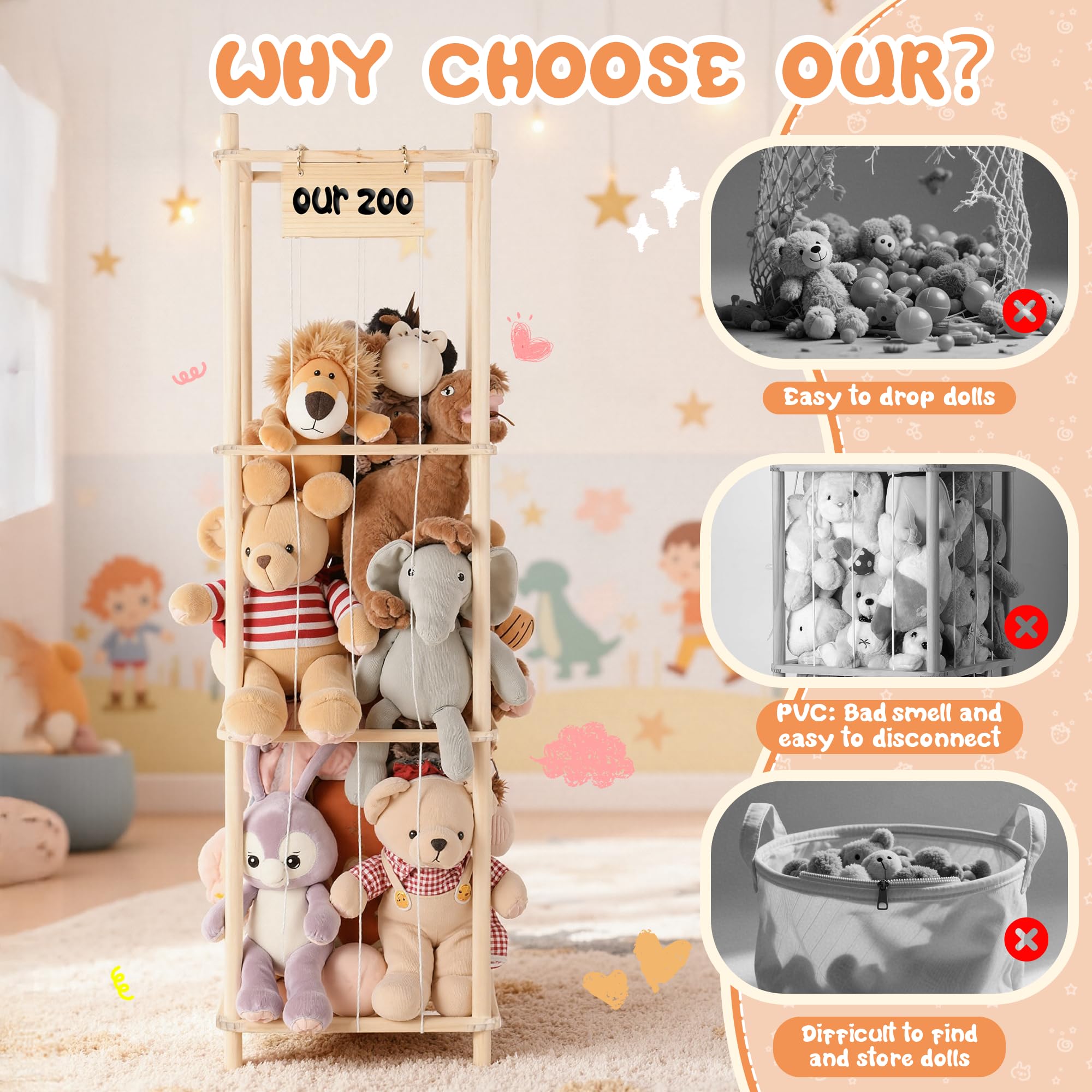 LAMU Kuscheltier Aufbewahrung, Stofftier Plüschtier Aufbewahrung aus Holz mit Elastischen Kordeln, Spielzeug Organizer Extra Große Kapazität für Babyzimmer Wohnzimmer Schlafzimmer, W 39.5cm, 3 Tier