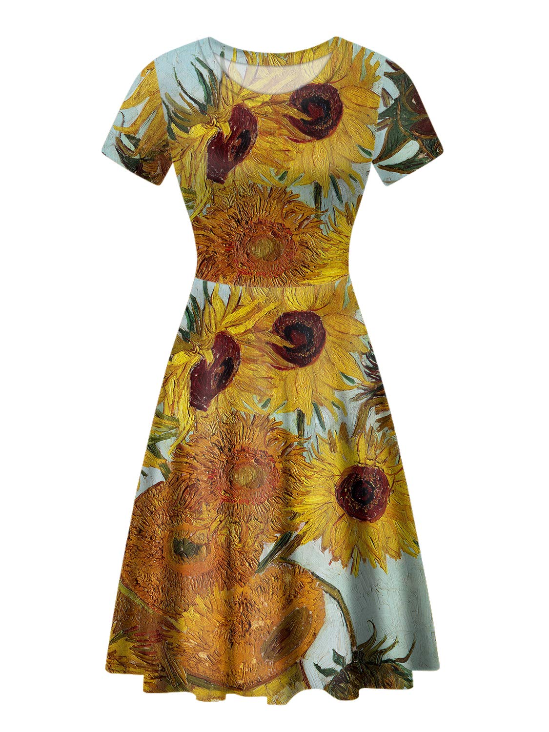 ENLACHICWomen's Summer Short Sleeve Sunflower Print Casual T Shirt Flowy Swing Dresses