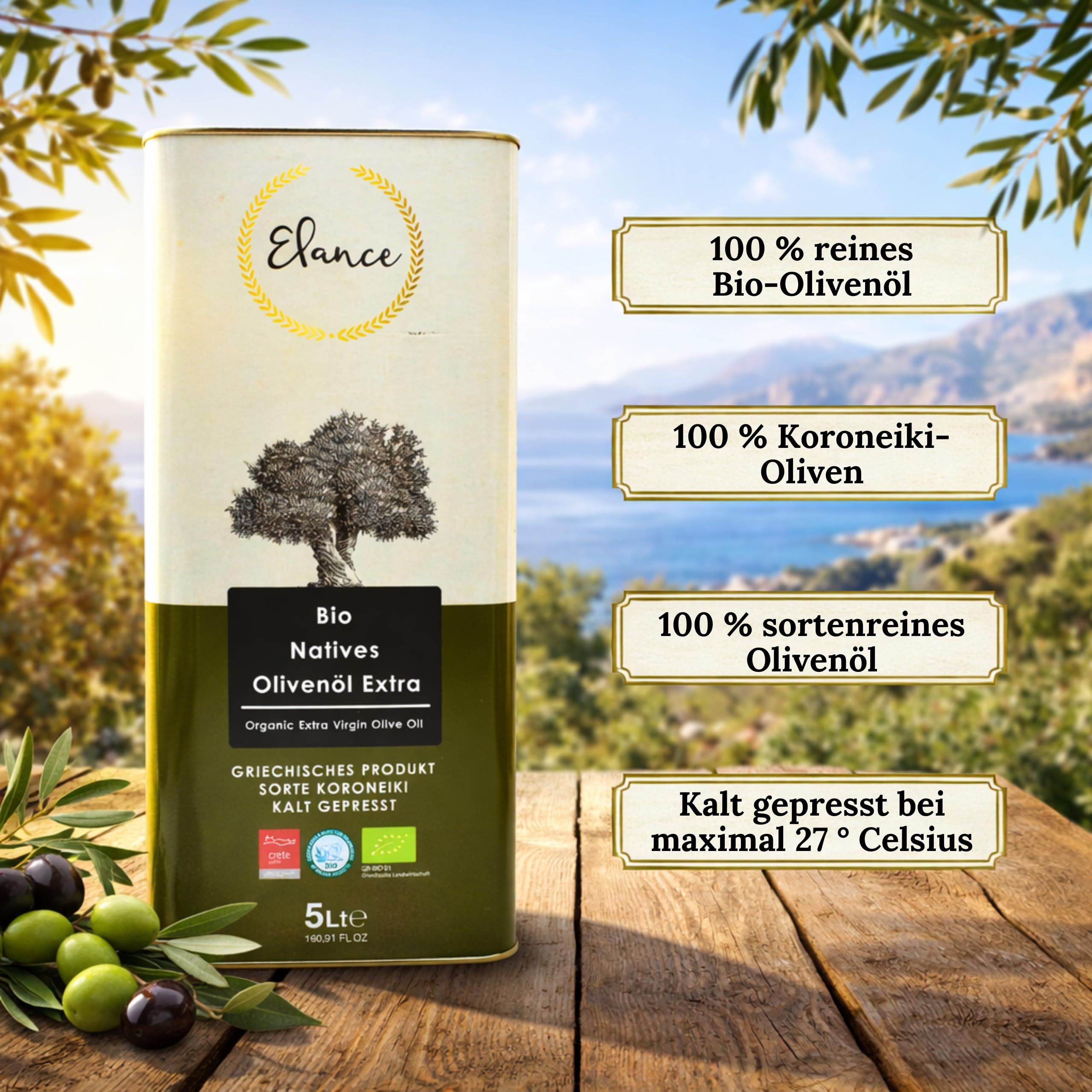Elance Bio Olivenöl 5L – Natives Olivenöl Extra Vergine – Kaltgepresst, Griechisches Olivenöl – Extra Vergine Premium Qualität – Ideal zum Braten & Kochen