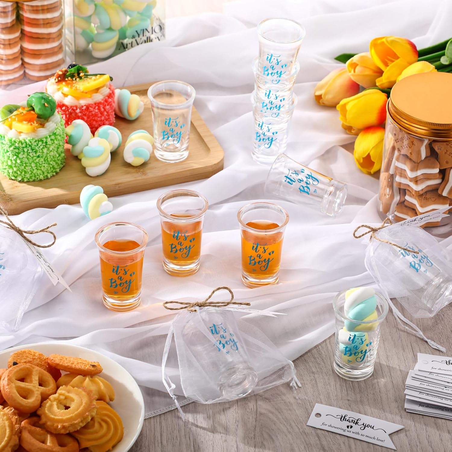 Pickmesh 50 Sets Baby Shower Gifts for Guest, Acrylic Shot Glasses with Thank You Tag Organza Bag Twine, Boy Girl Gender Reveal Party Favors for Guest Baby Shower Return Gift (it's a Boy, Blue)