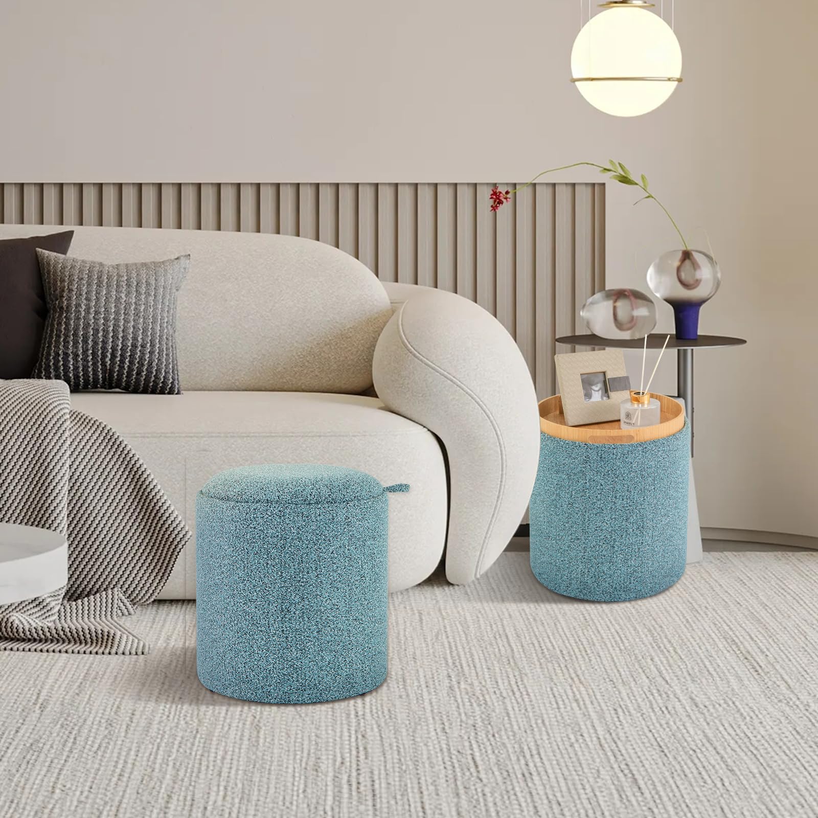 2 Pouf Contenitore Rotondi Azzurri - Con Coperchio, Maniglie E Spazio Di Archiviazione, Per Camera O Soggiorno