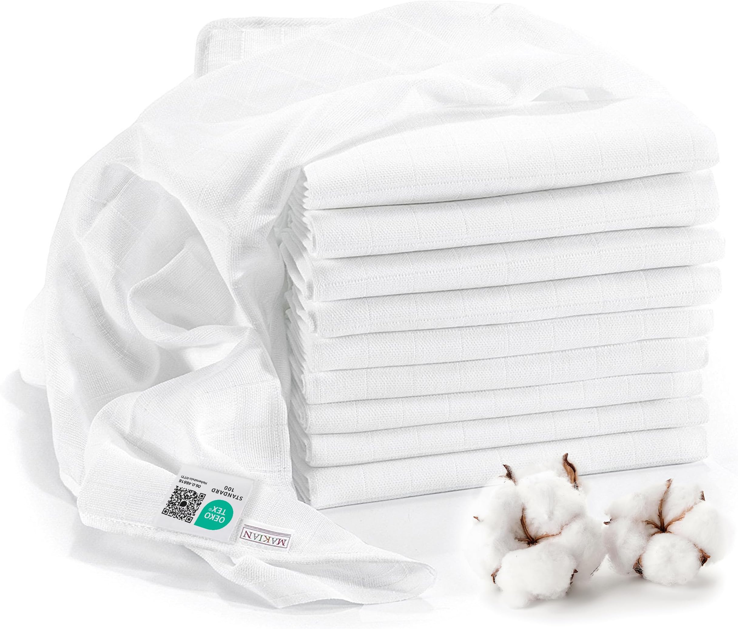 MAKIAN Baby Muslin Cloth - Pack of 10 Cotton Muslin Squares - Large 80x80 cm - Double Weaved Premium Quality - Oeko-Tex Certified - White