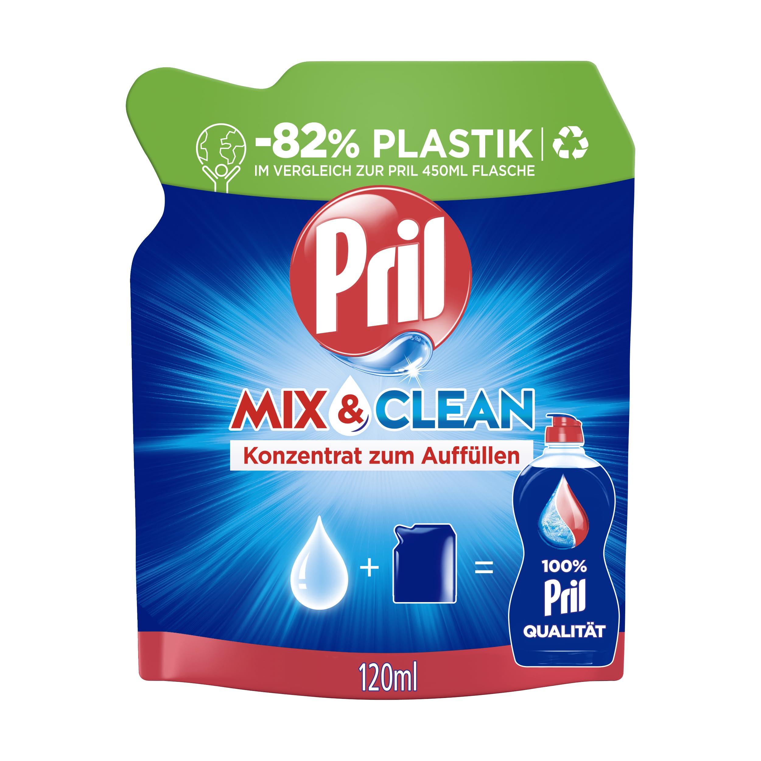 Pril Mix & Clean Concentrate for Filling (120 ml), Hand Dishwasher Liquid with Highest Grease Dissolving Power, for Clean Dishes, Even in Cold Water, 82% Less Plastic