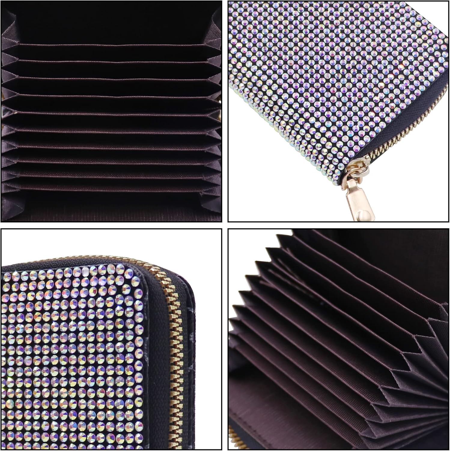Women's Rhinestone Credit Card Holder Fashion Zipper RFID Card Case Organizer Bling Sparkle Slim Small Pouch Wallet - Image 5