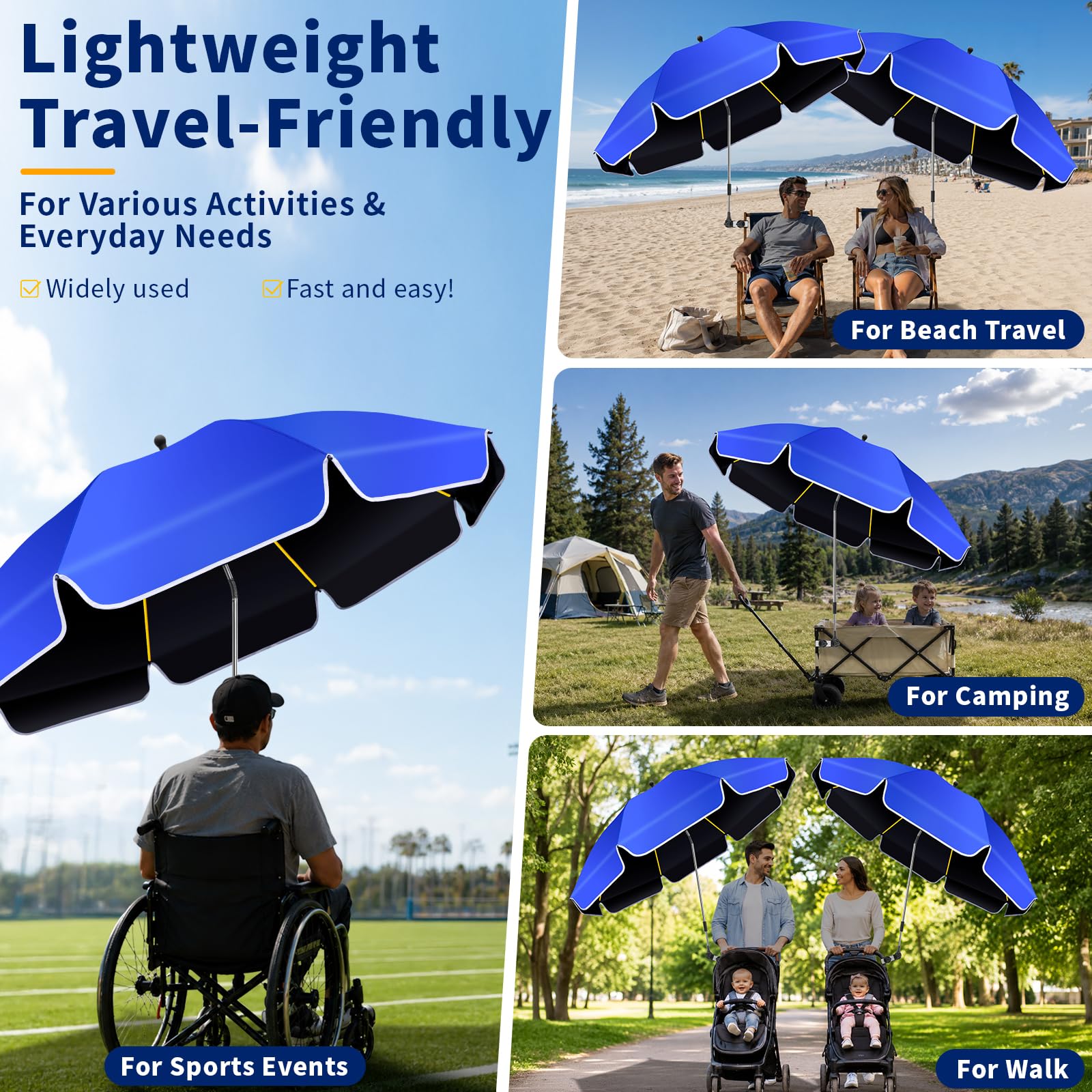 2er-Pack 124cm Strandstuhl Sonnenschirm mit Klemme, UPF50+ UV-Schutz, 360° drehbarer Clip-On Sonnenschutz, tragbarer Schirm für Strandstuhl, Camping, Golf, Kinderwagen,Rollstuhl