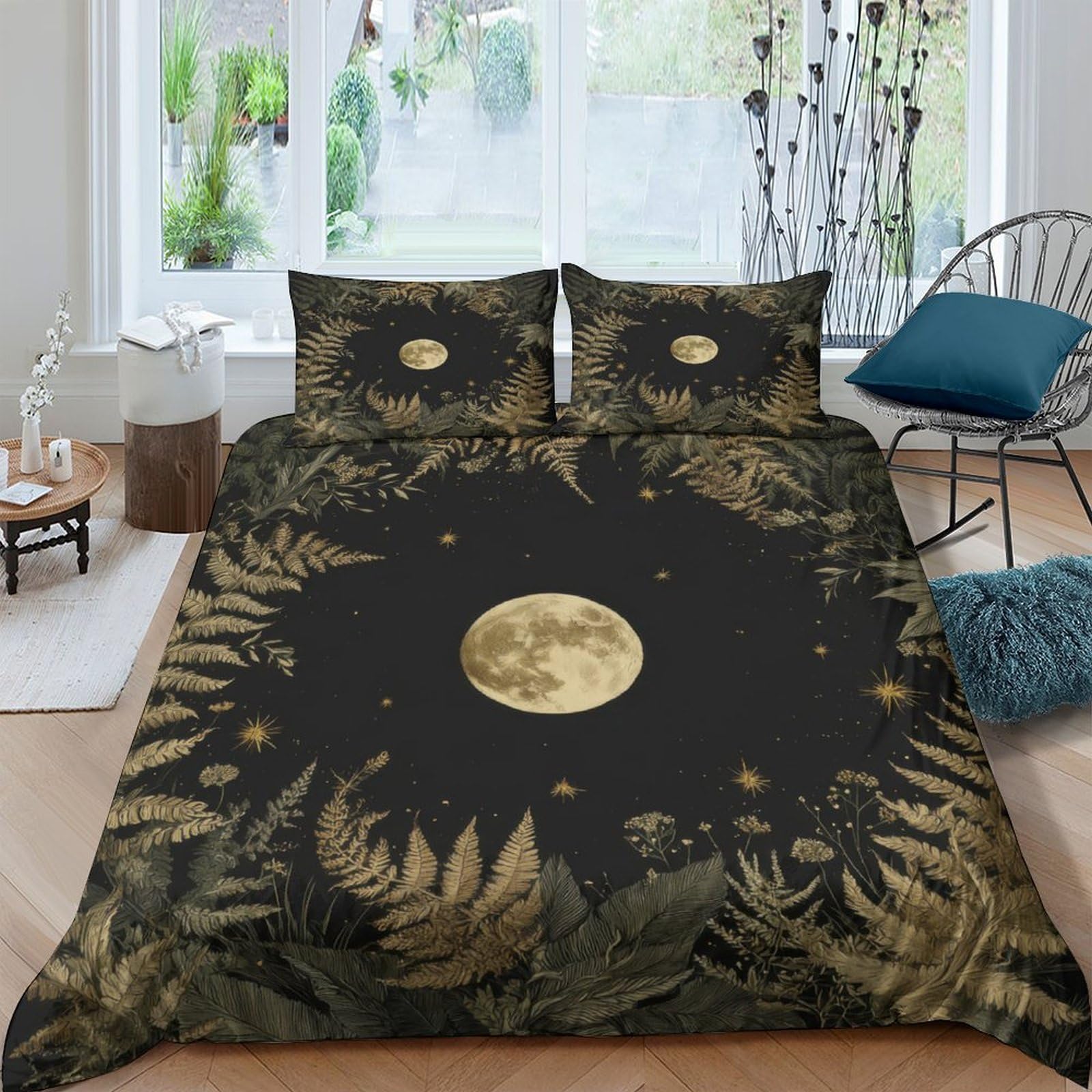 Ctjqhvkz Style-3 3D Printed Botanical Moon Fitted Sheet Microfiber Soft Black Gold Sun Fern Bed Cover For Bedroom Guestroom Decor Single（135X200cm）