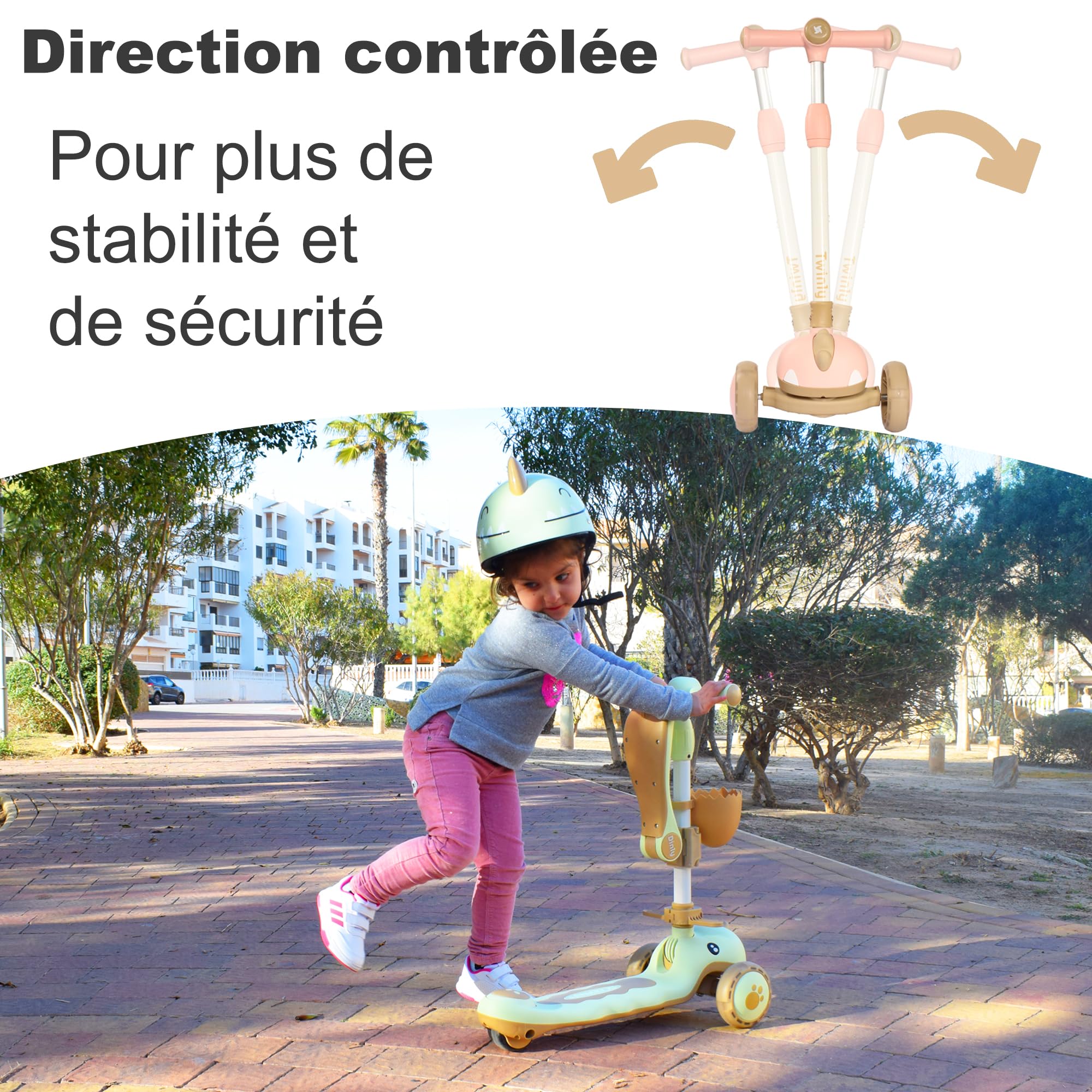 Twinly Dinly Trottinette évolutive 3 en 1 avec casque, 1–6 ans, Blanc