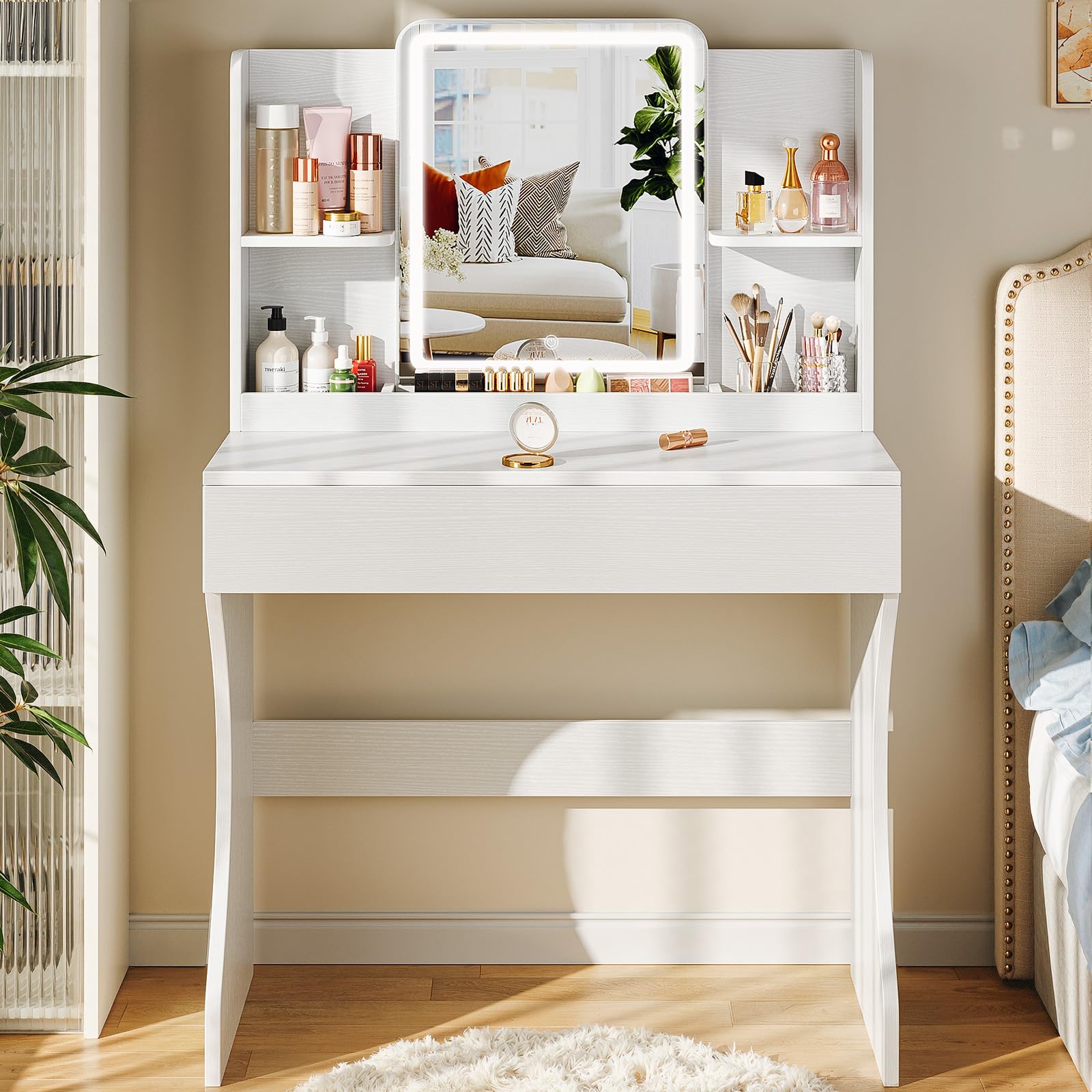 small vanity desk with mirror and lights, makeup vanity with storage drawer, 2 shelves and 3 compartments - white