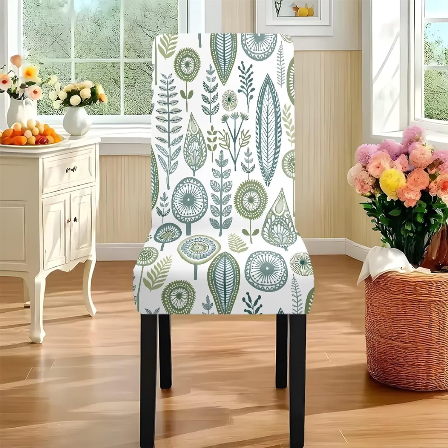 Dining Chair Slipcovers and Table Cover Set of 5 Pieces, Machine Washable Kitchen Chair Covers Rectangle Table Cloth, Removable Home Decoration, Leaf Print Green