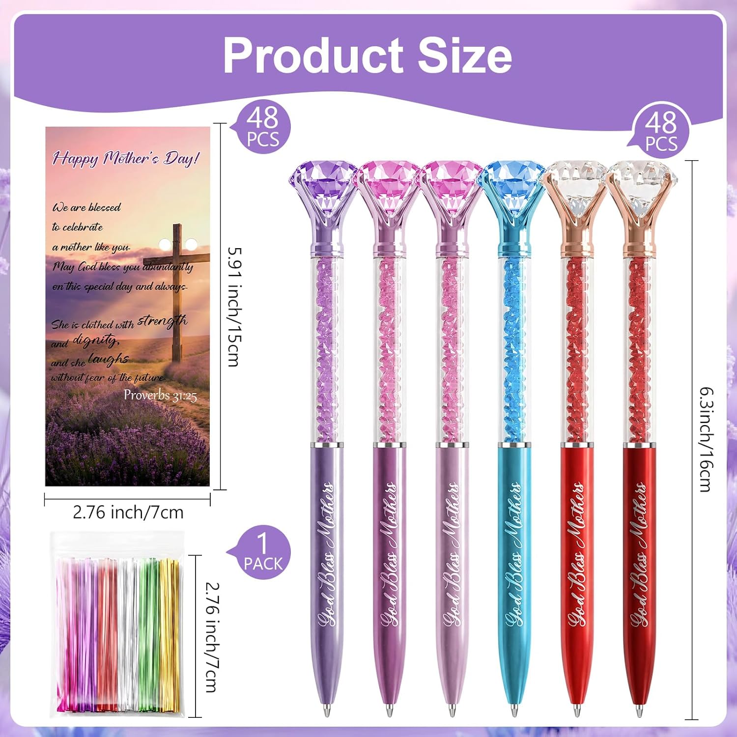 Huwena 48 Sets Mother's Day Gifts for Church Bulk Diamond Ballpoint Pens with Bible Cards God Bless Mothers Christian Gifts for Sunday School Office Religious Party Favors, 6 Colors
