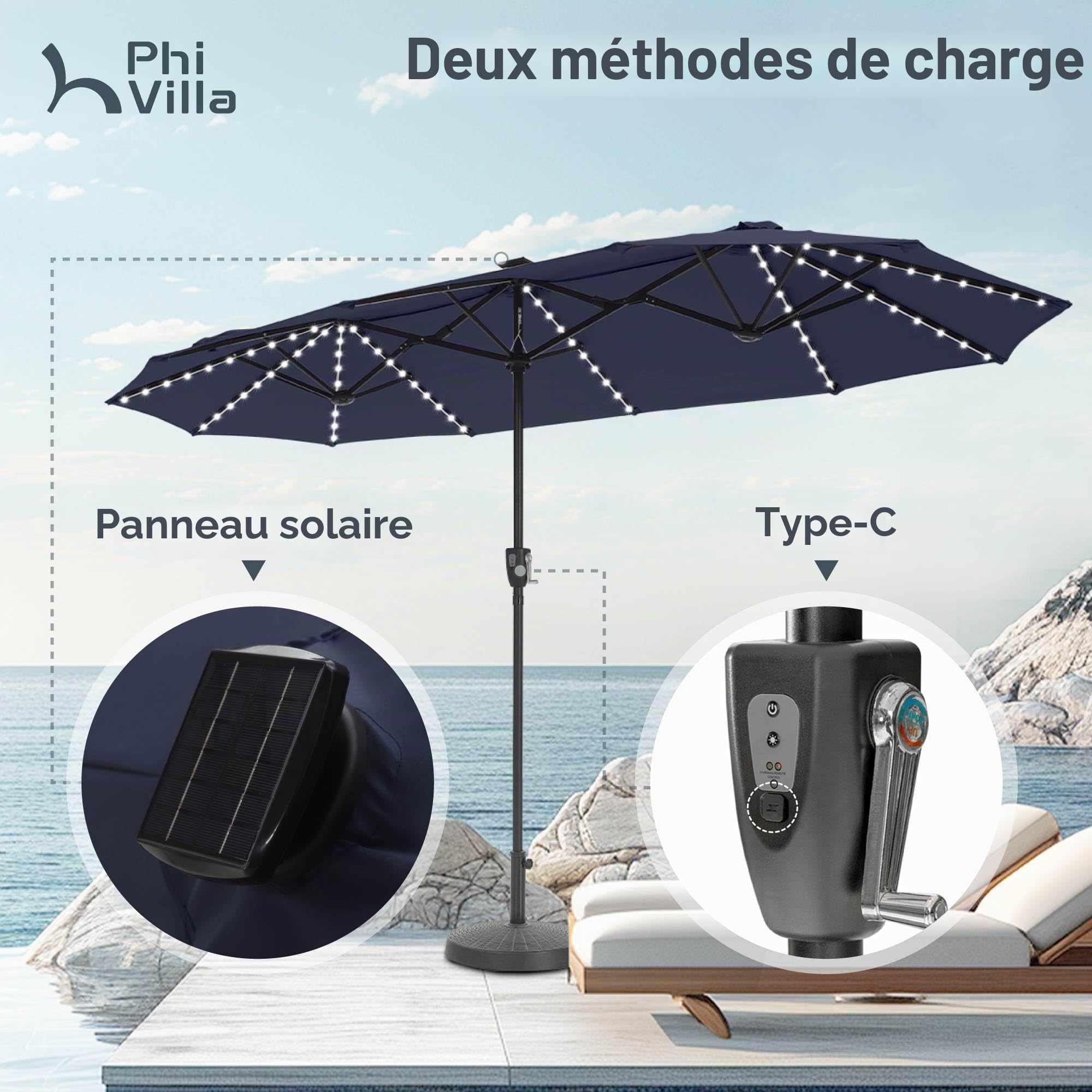 PHI VILLA Parasol de Jardin Extérieur,2x3,8m Parasol Double Face Rectangulaire avec LED Lampe et Manivelle,Protection Solaire pour Terrasse, Résistant à l'Eau,Anti au vent