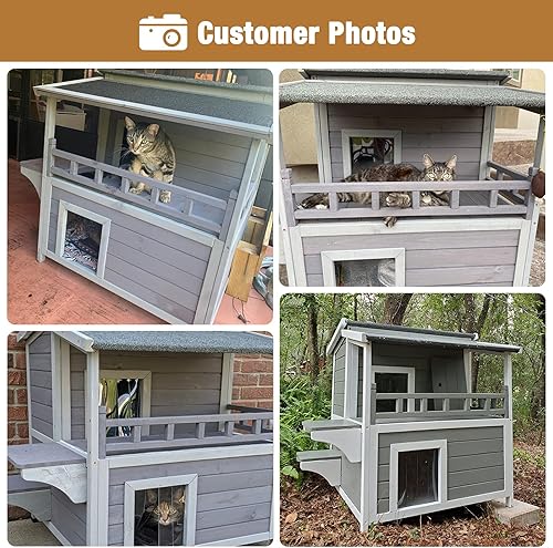Miniatura 5 de Casa para gatos ferales al aire libre, refugio de madera para gatos con puerta de escape, casa de gatito exterior a prueba de lluvia con balcón