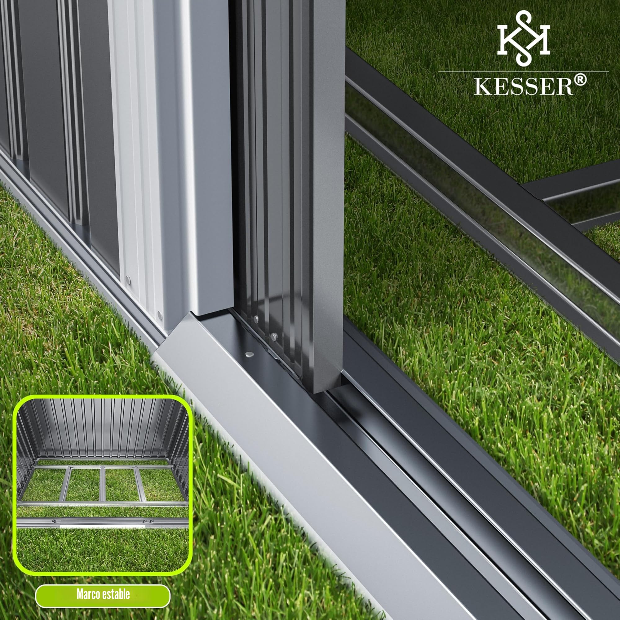 KESSER Cobertizo de Jardín XL de Metal 4,2 m³ con Base | con Guantes de Trabajo | 195 x 131 x 186 cm | 2 Puertas Correderas y Bases | Armario | Techo a Dos Aguas