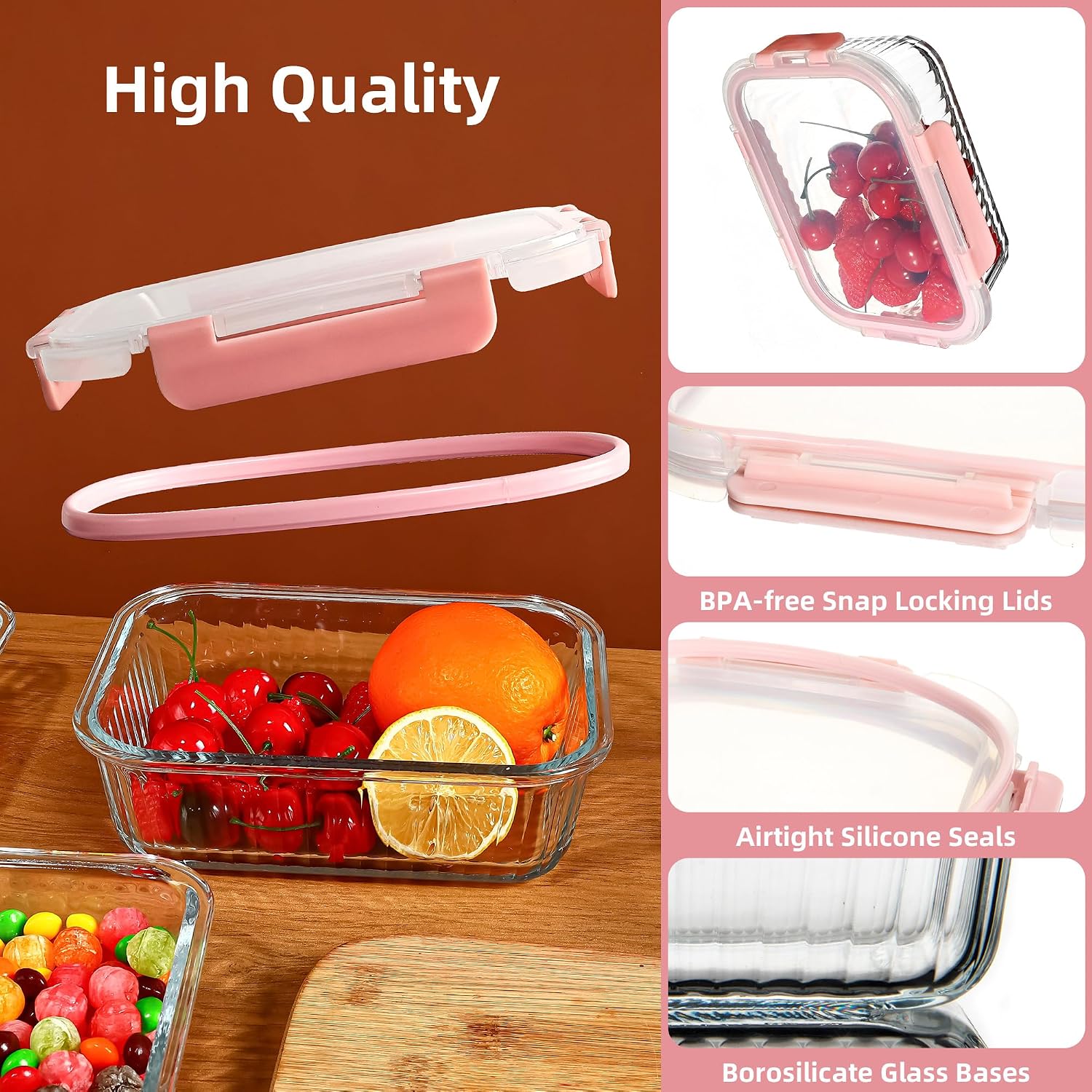 10-Pack Glass Food Storage Containers, 34Oz & 12Oz Borosilicate Glass Meal Prep Container Set with Airtight Lids, Leak-Proof Lunch Containers for Soup, Oven, Dishwasher & Freezer Safe, Pink