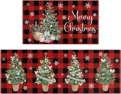 Juego de 2 alfombras y tapetes de cocina de Feliz Navidad, a cuadros, árboles de Navidad, invierno, vacaciones, fregadero, antideslizante, lavable,