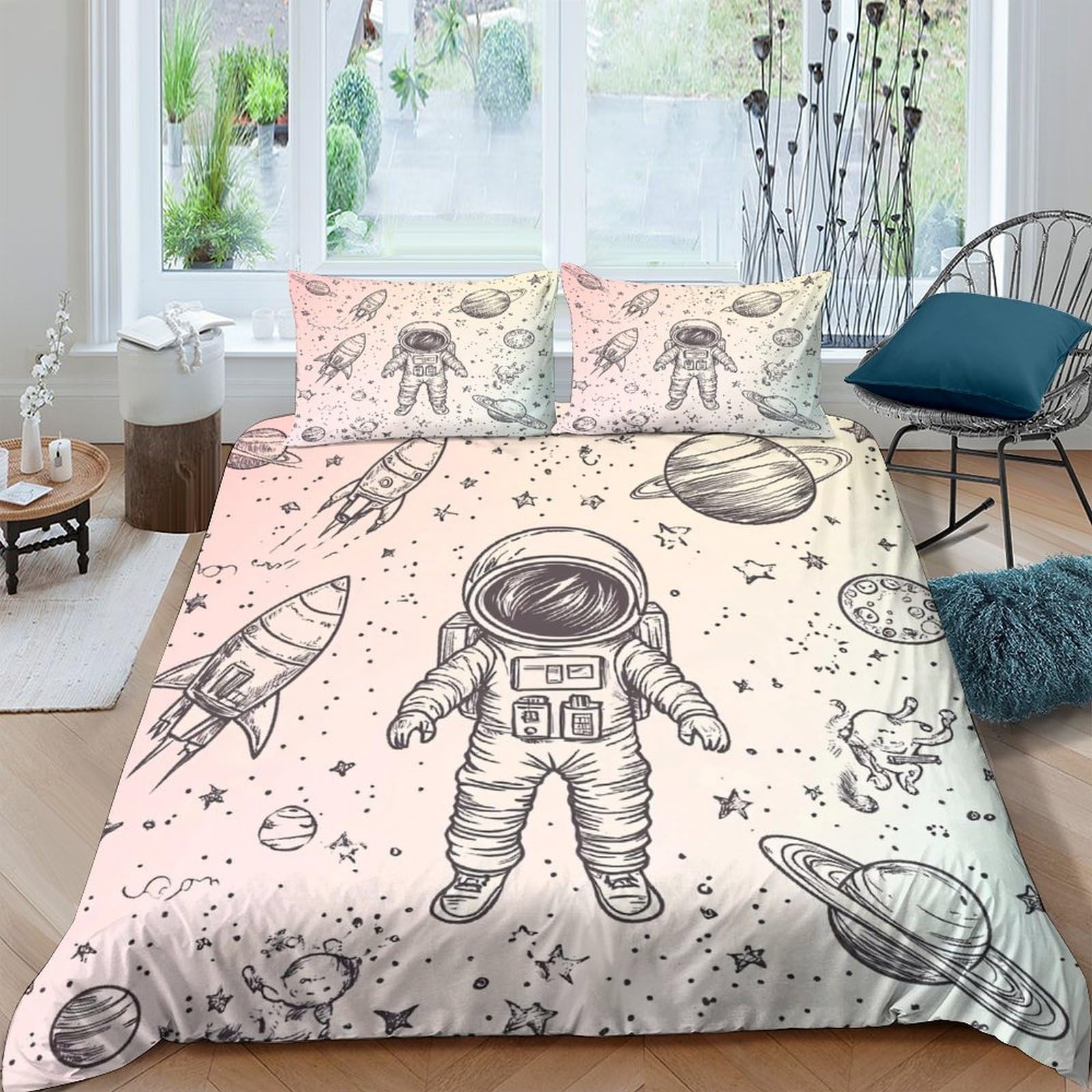 Ctjqhvkz Style-4 3D Printed Astronaut Space Fitted Sheet Microfiber Non-Slip Rocket Planet Mattress Cover Bedroom Decor Single（135X200cm）