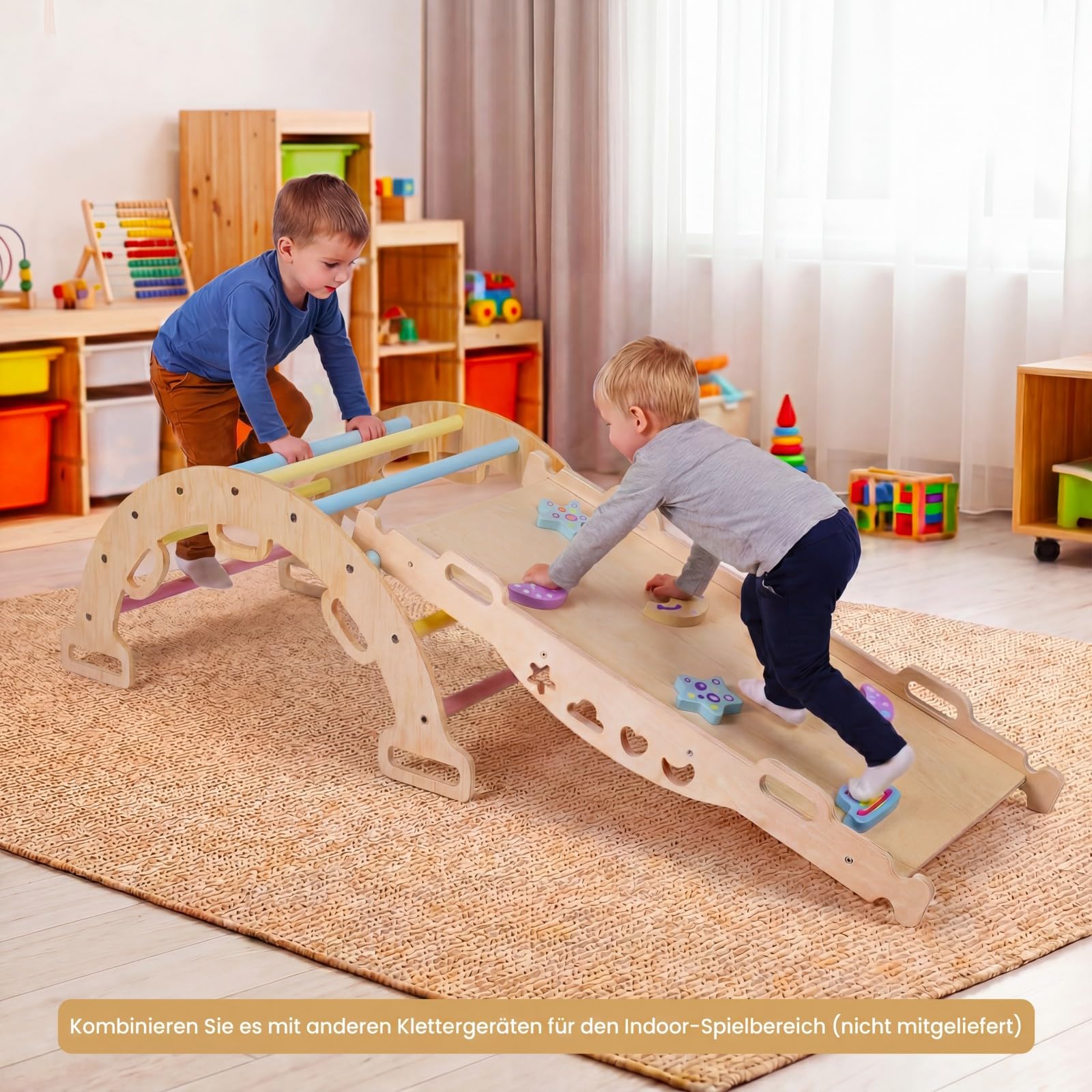 COSTWAY Kletterbogen Holz mit Kissen, Montessori Kletterwippe, Kletterdreieck zum Wippen, Klettern und Krabbeln, Bogenwippe, Regenbogen, Indoor Klettergerüst für Kinder ab 3 Jahre (Macaron)
