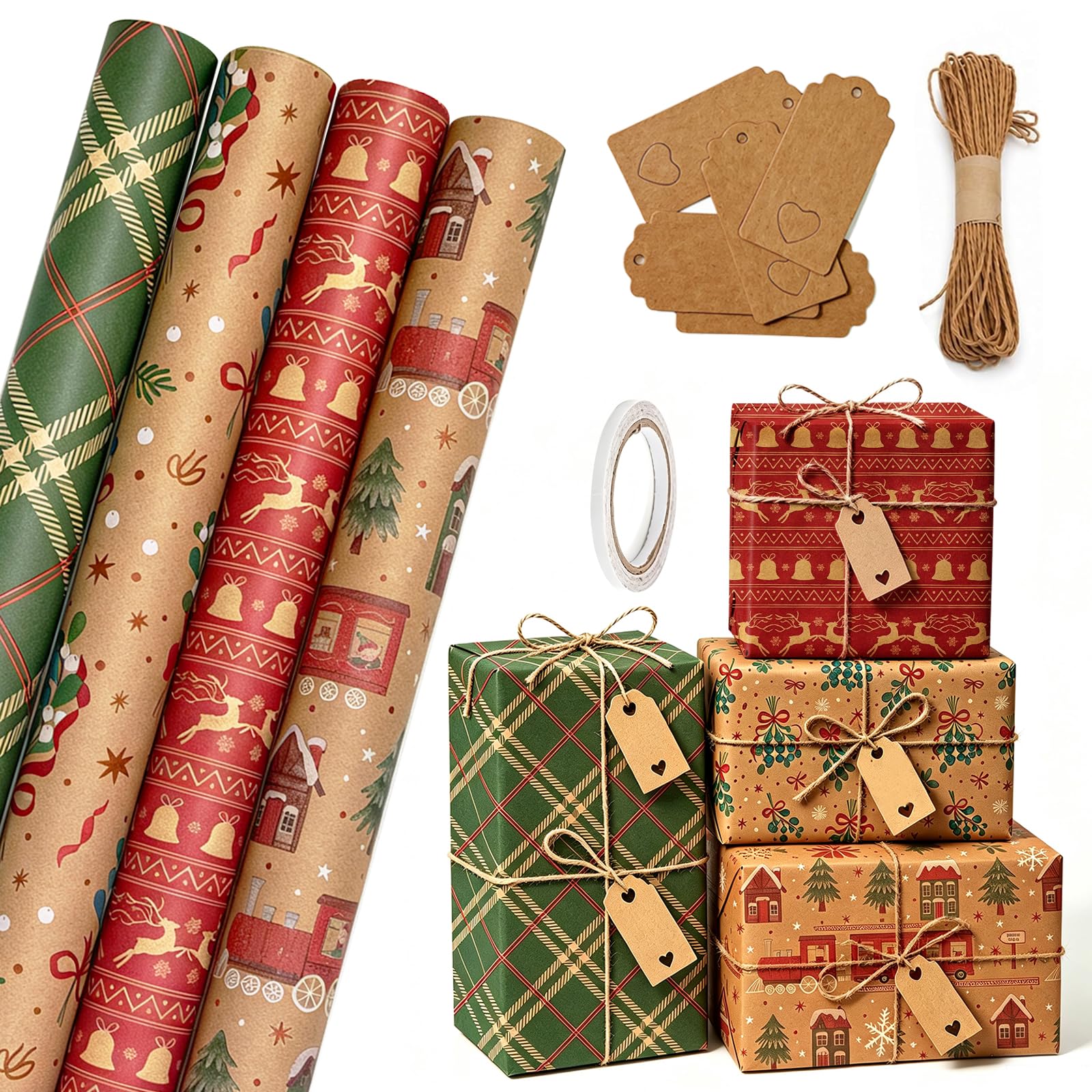 Christmas Wrapping Paper 4 Roll, 43cm * 3m Kraft Paper Printed with Christmas Pattern - Perfect for Birthday, Wedding, Party, Xmas Gift Decorations